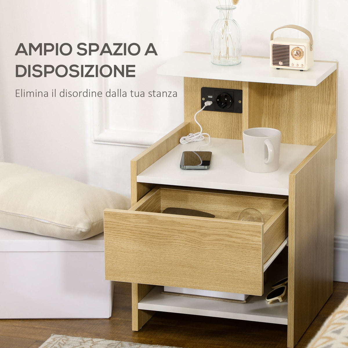 EasyComfort nachtkastje met stopcontact en 2 USB 40x40x60 cm