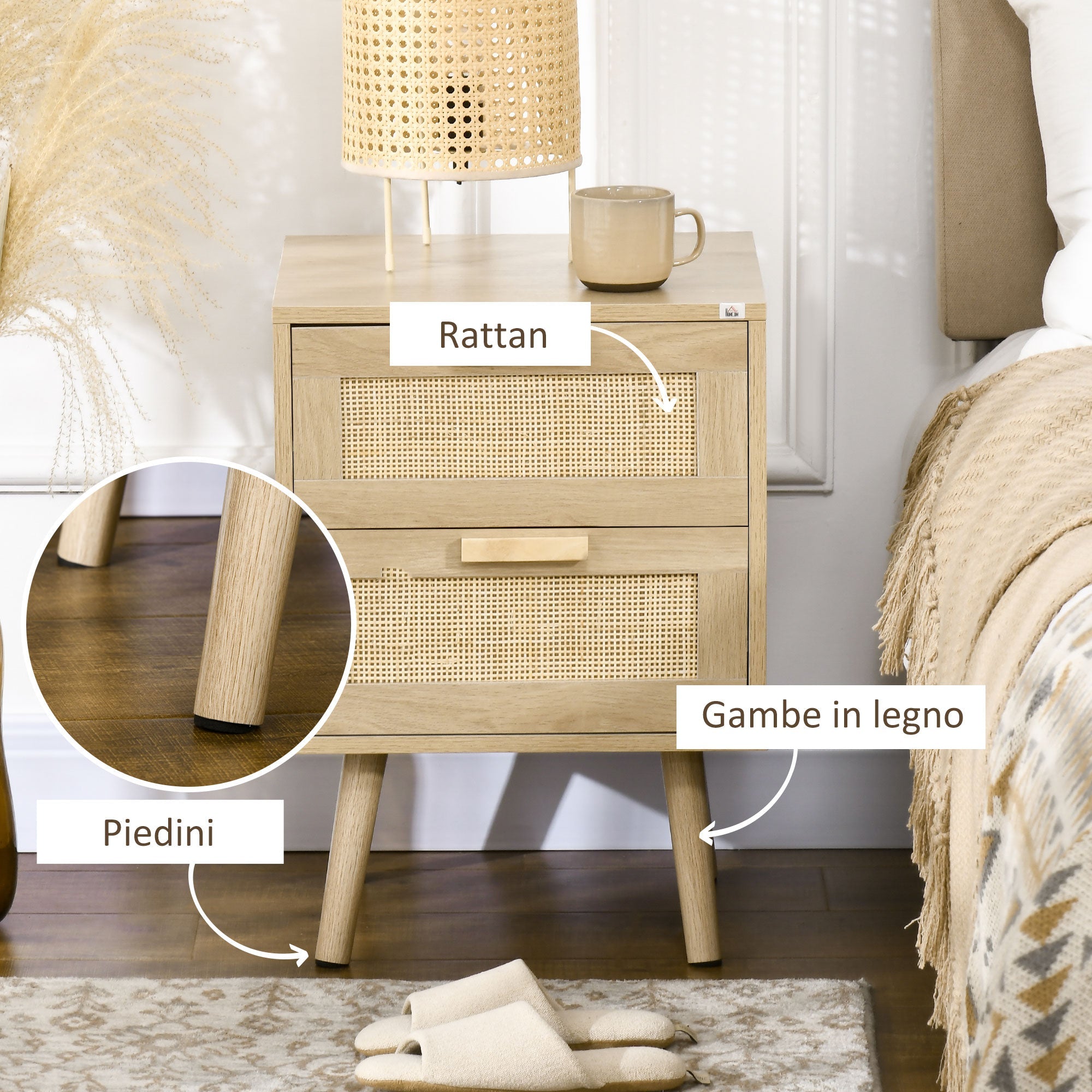 EasyComfort Nachtkastje 40x40x56 cm, 2 lades, boho rattan