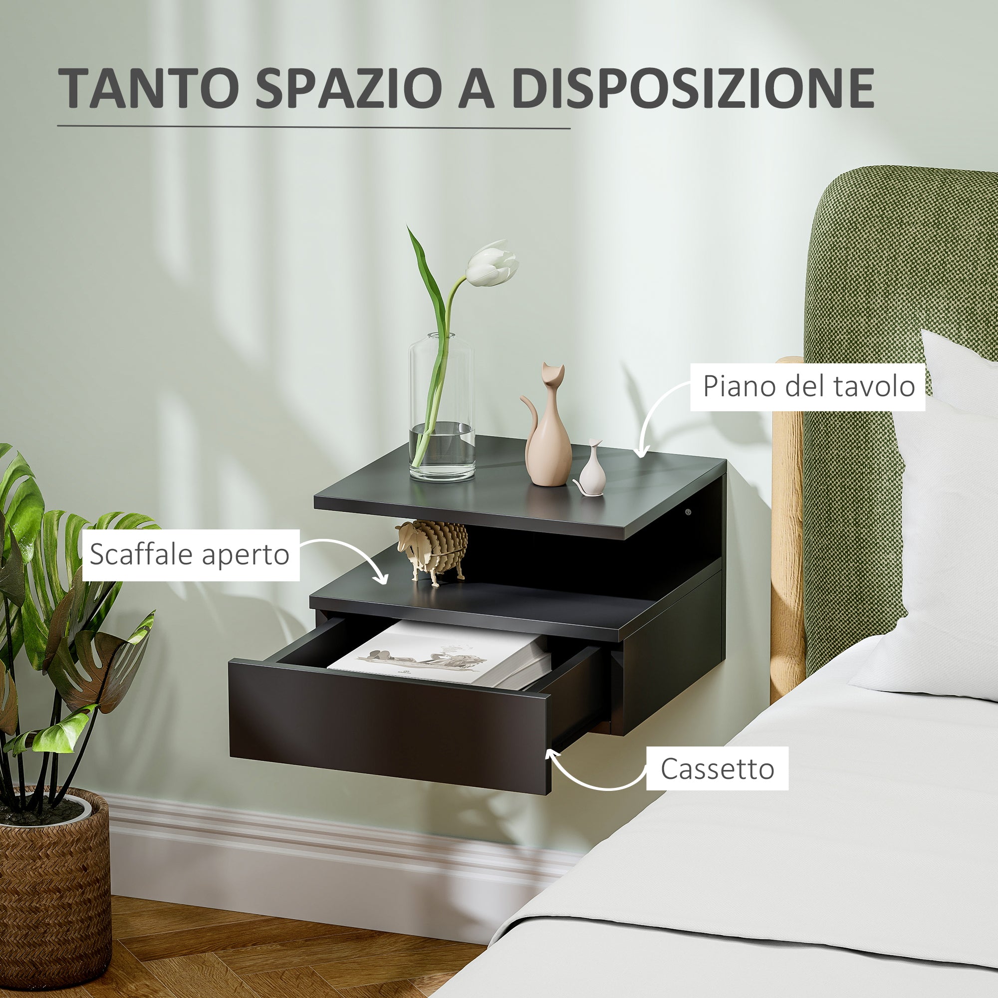 EasyComfort Comodino Sospeso nachtkastje met lade en plank, 35x32x22.5 cm, zwart