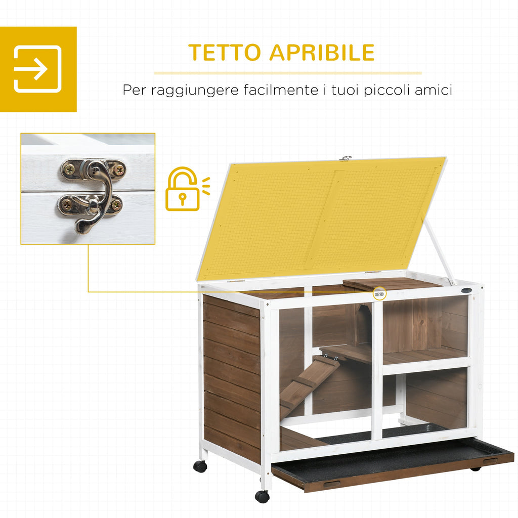 EasyComfort Conigliera a 2 Livelli con Casetta, Rampa e Vassoio Estraibile, in Legno di Abete, 91.5x53.3x73 cm, Marrone