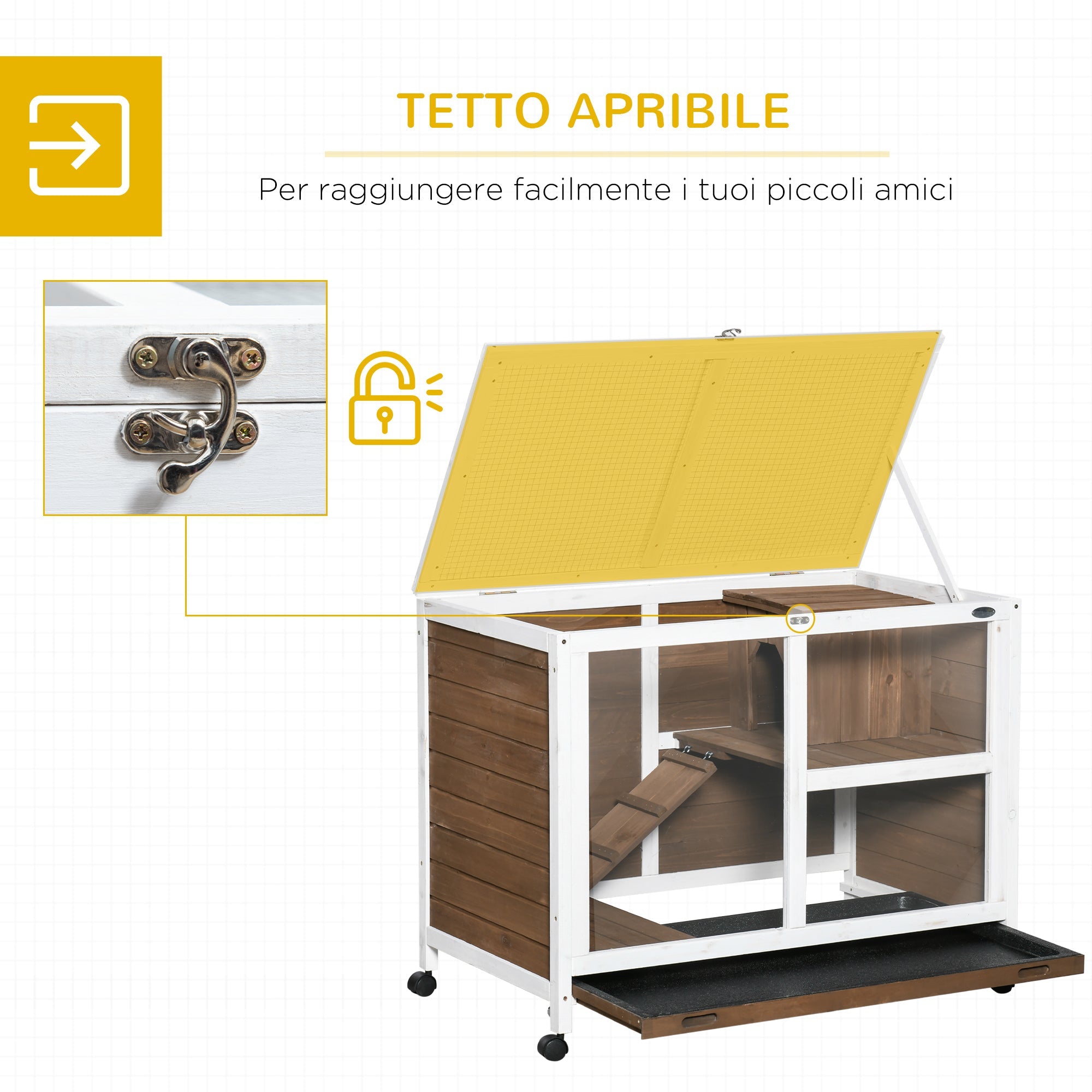 EasyComfort Conigliera a 2 Livelli con Casetta, Rampa e Vassoio Estraibile, in Legno di Abete, 91.5x53.3x73 cm, Marrone