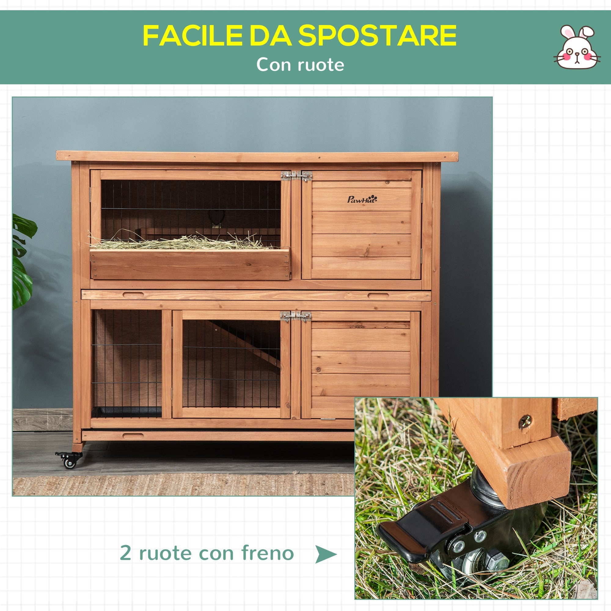 Easycomfort Conigliera in Legno a 2 Livelli with Ruote, Vassoio Estraibile e Rampa, 122x50x101cm