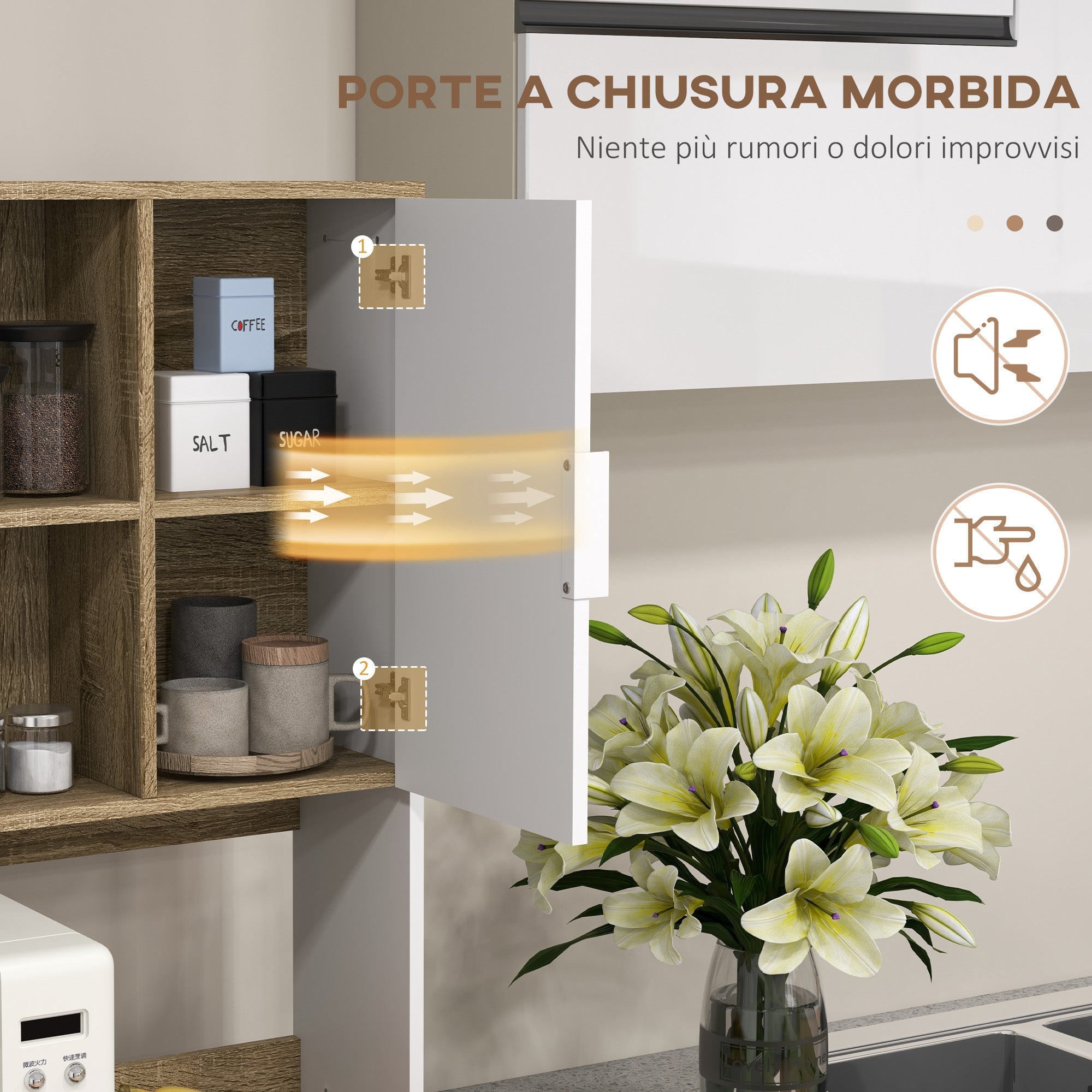EasyComfort Credenza Cucina Alta Moderna con Armadietti e Cassetto, Mobile Dispensa con Ripiani regolabili, 98x39x180cm, Bianco e Legno