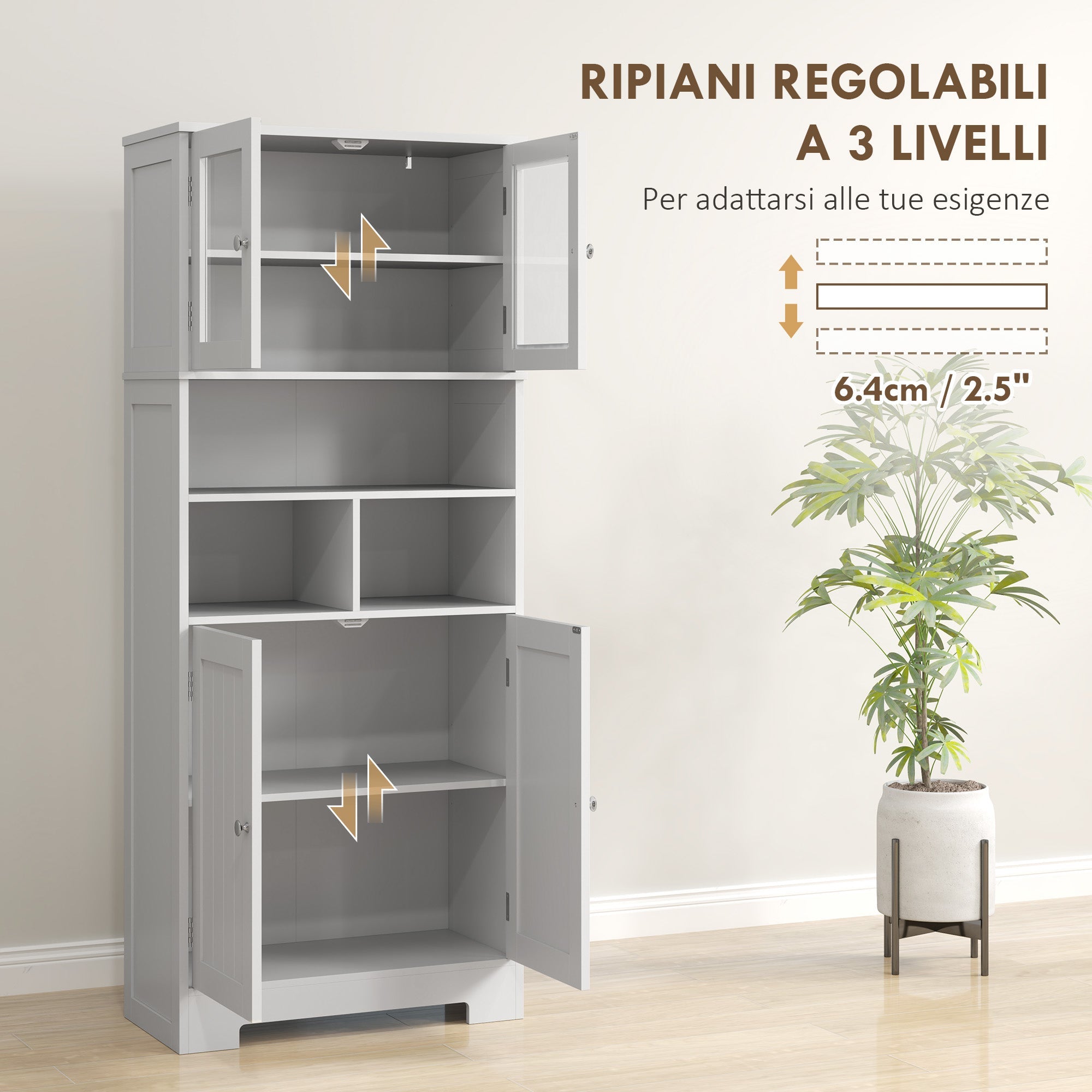 EasyComfort Credenza Cucina keukenkast 60x30x145.5 cm, 2 deurtjes, 3 open vakken, wit