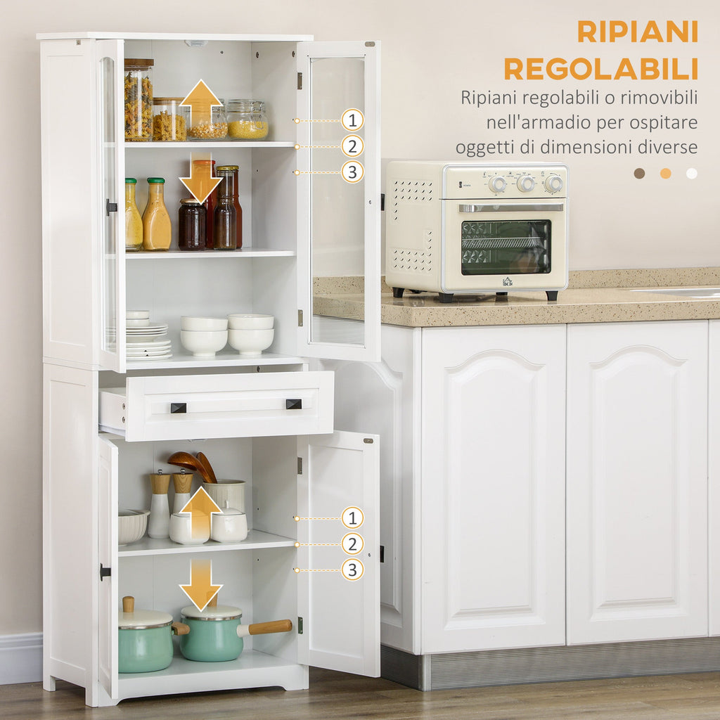 EasyComfort Credenza da Cucina Alta with 2 Armadietti e Cassetto, Ante a Vetri e Ripiani Regolabili, 60x30x160cm, white