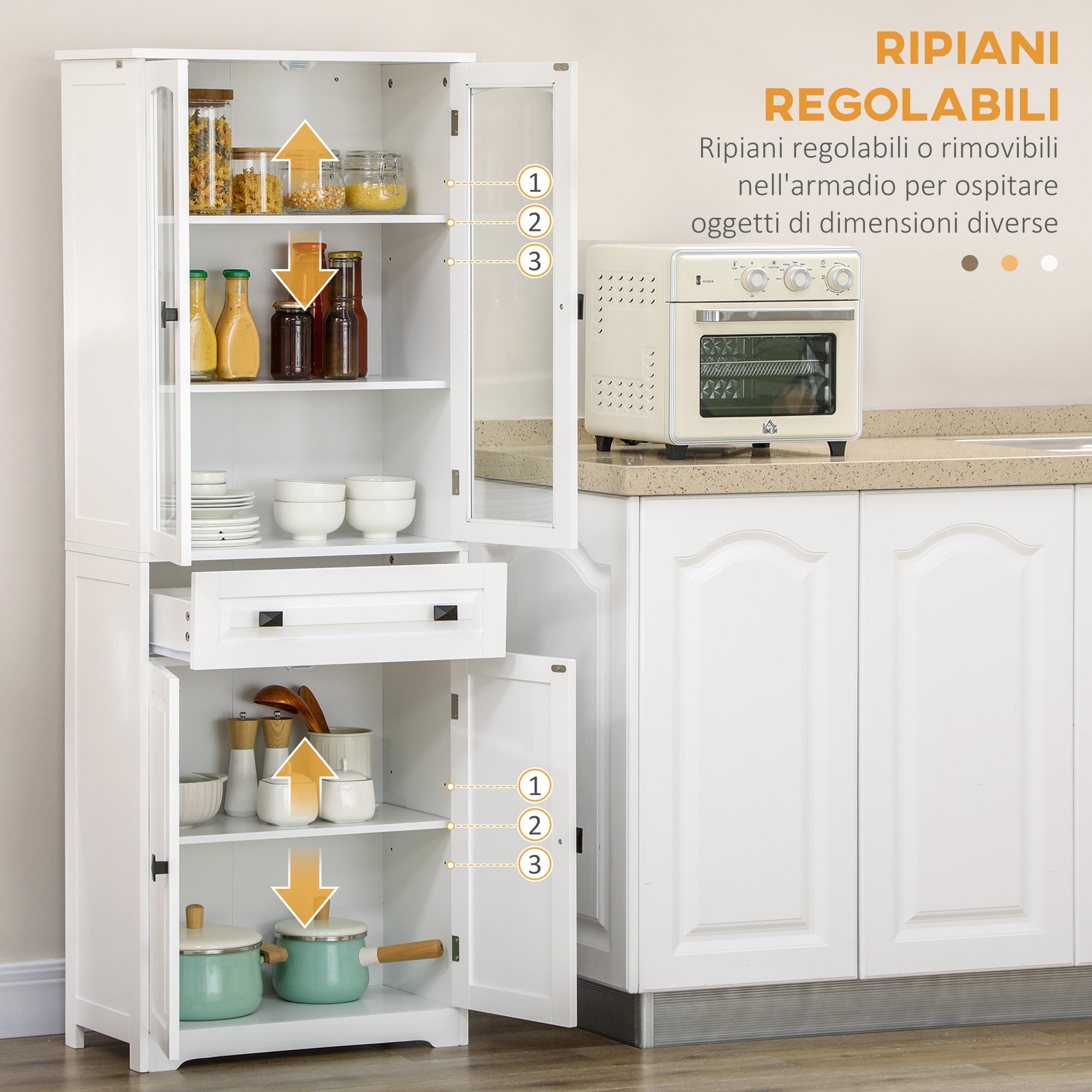 EasyComfort Credenza da Cucina Alta with 2 Armadietti e Cassetto, Ante a Vetri e Ripiani Regolabili, 60x30x160cm, white