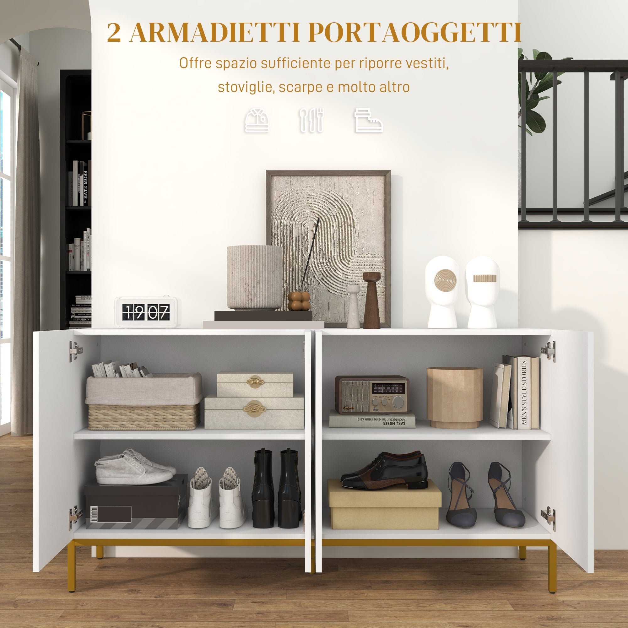 EasyComfort Credenza Moderna 4-deurs dressoir 140x40x75 cm wit/goud
