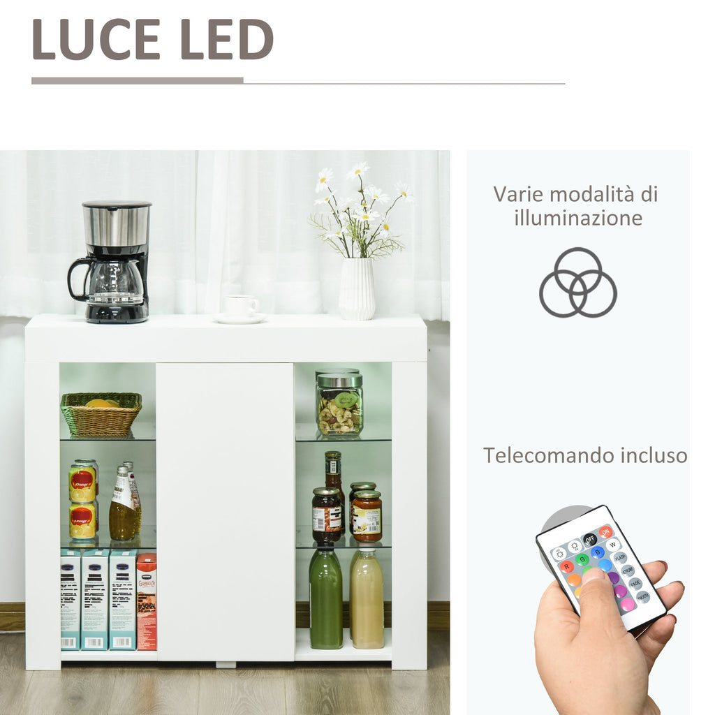 Easycomfort Credenza Moderna a Anta with Luci LED e Mensole in Vetro, Mobile Multiuso in Legno with Finitura Lucida, 97x35x83cm, white