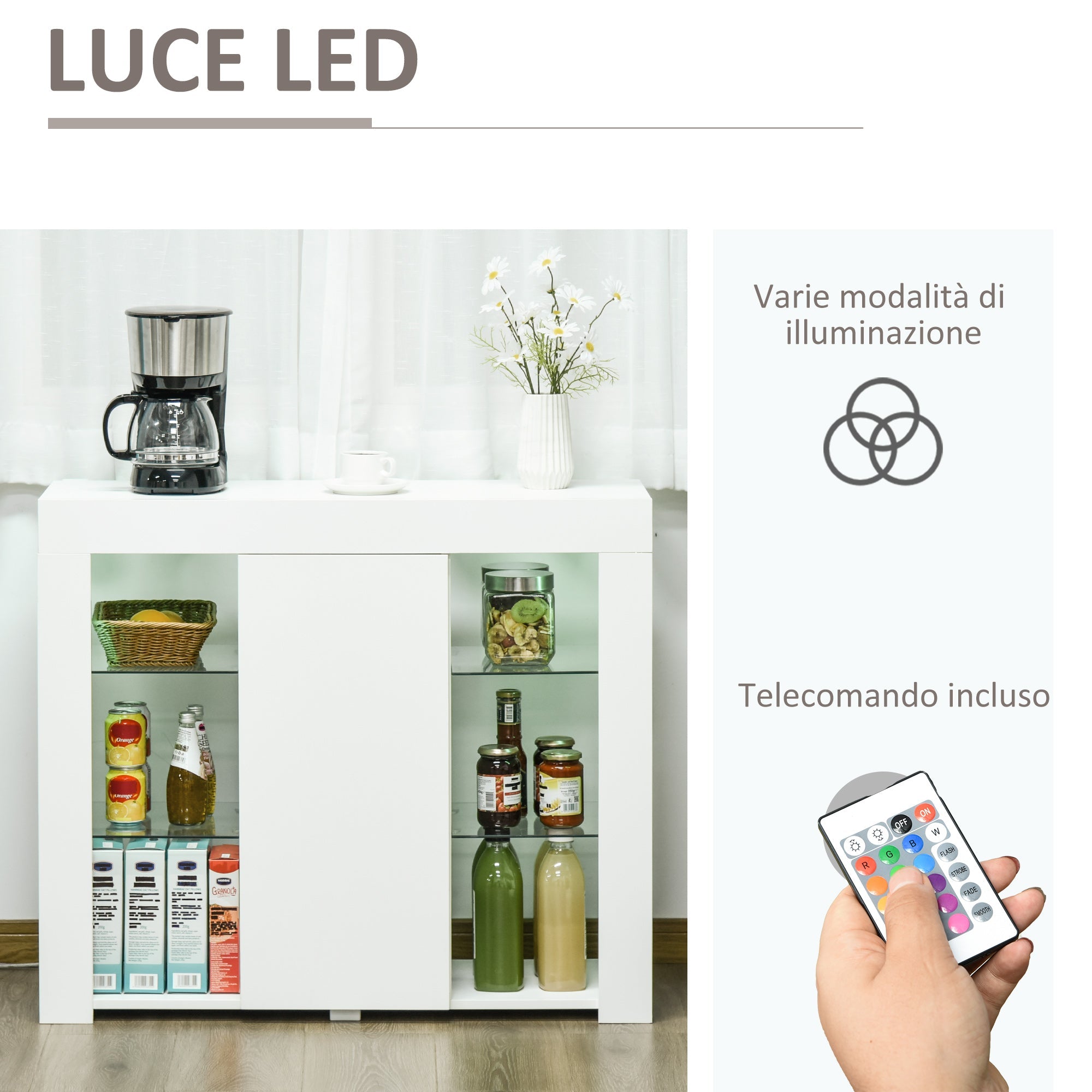 Easycomfort Credenza Moderna a Anta with Luci LED e Mensole in Vetro, Mobile Multiuso in Legno with Finitura Lucida, 97x35x83cm, white