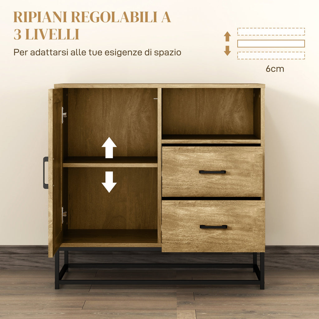 EasyComfort Credenza Moderna with 2 Cassetti, Armadietto Regolabile e Ripiano Aperto, in Legno e Acciaio, 80x40x78 cm, Marrone