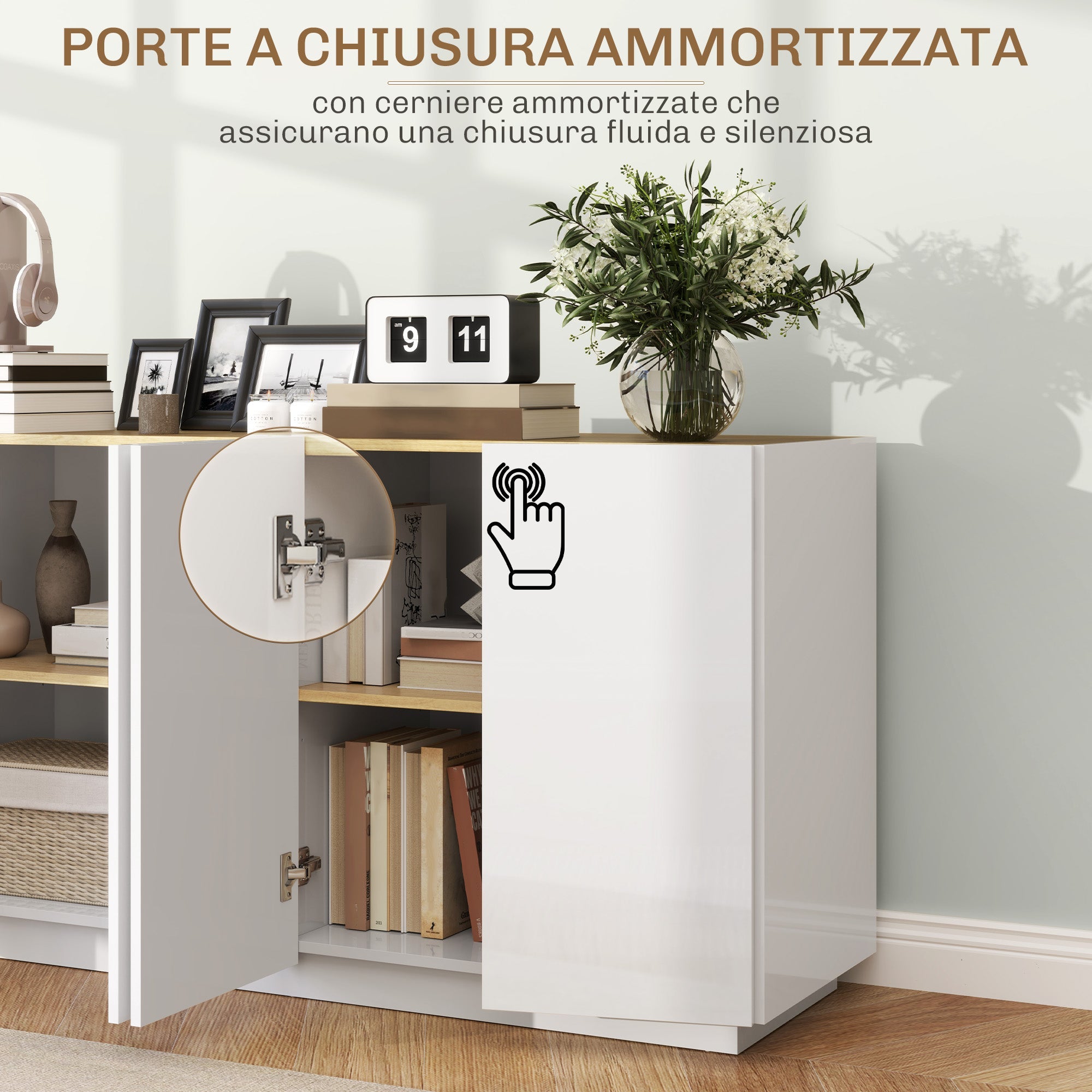 EasyComfort Credenza Moderna with Armadietti a 2 Ante, Chiusura Ammortizzata e Ripiani Regolabili, 140x40x75cm, white Lucido