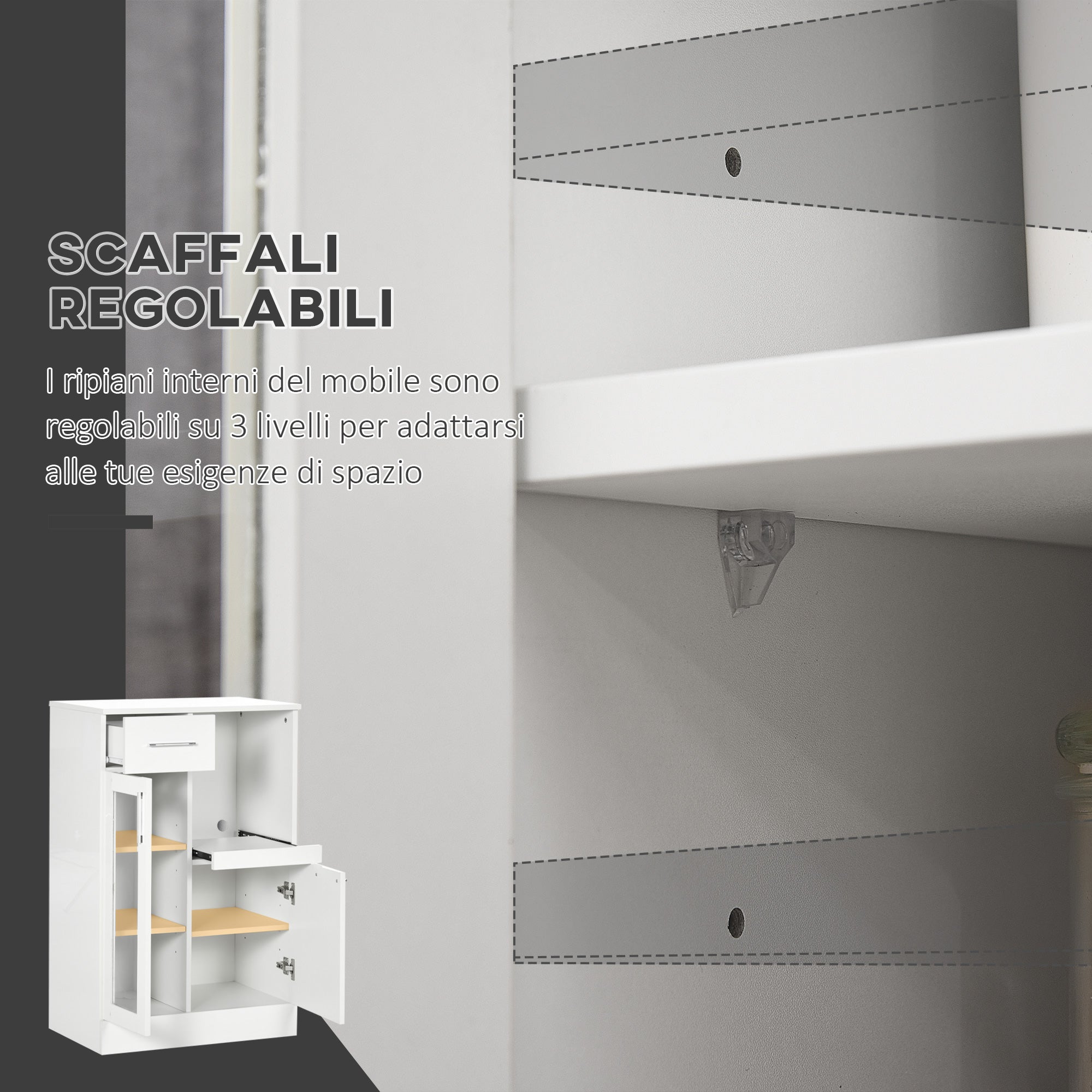 Easycomfort Credenza Moderna with Armadietti e Cassetto in Legno e Vetro, 60x40x95cm, white