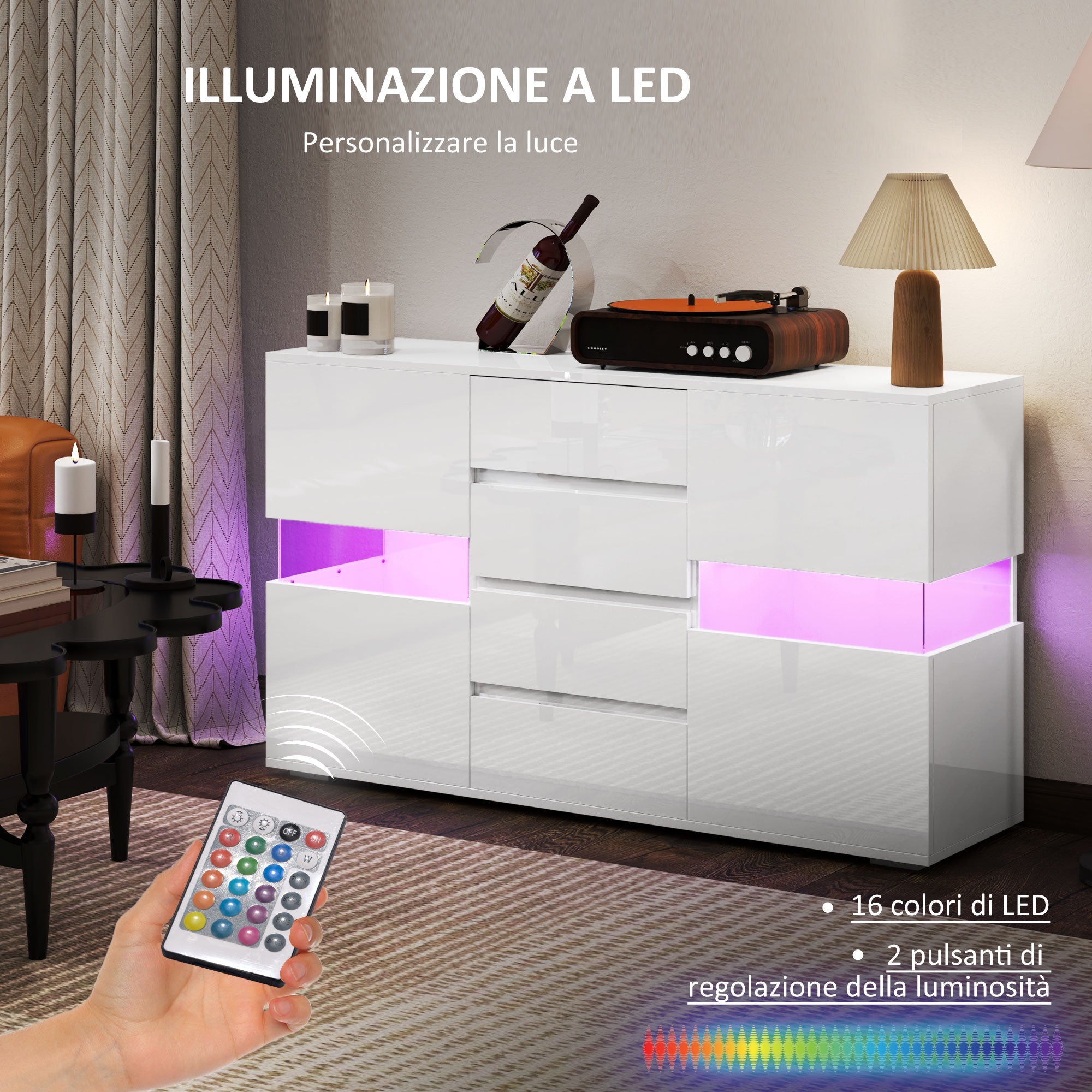 EasyComfort Credenza Moderna dressoir 120x34x70 cm, wit, LED en 4 lades