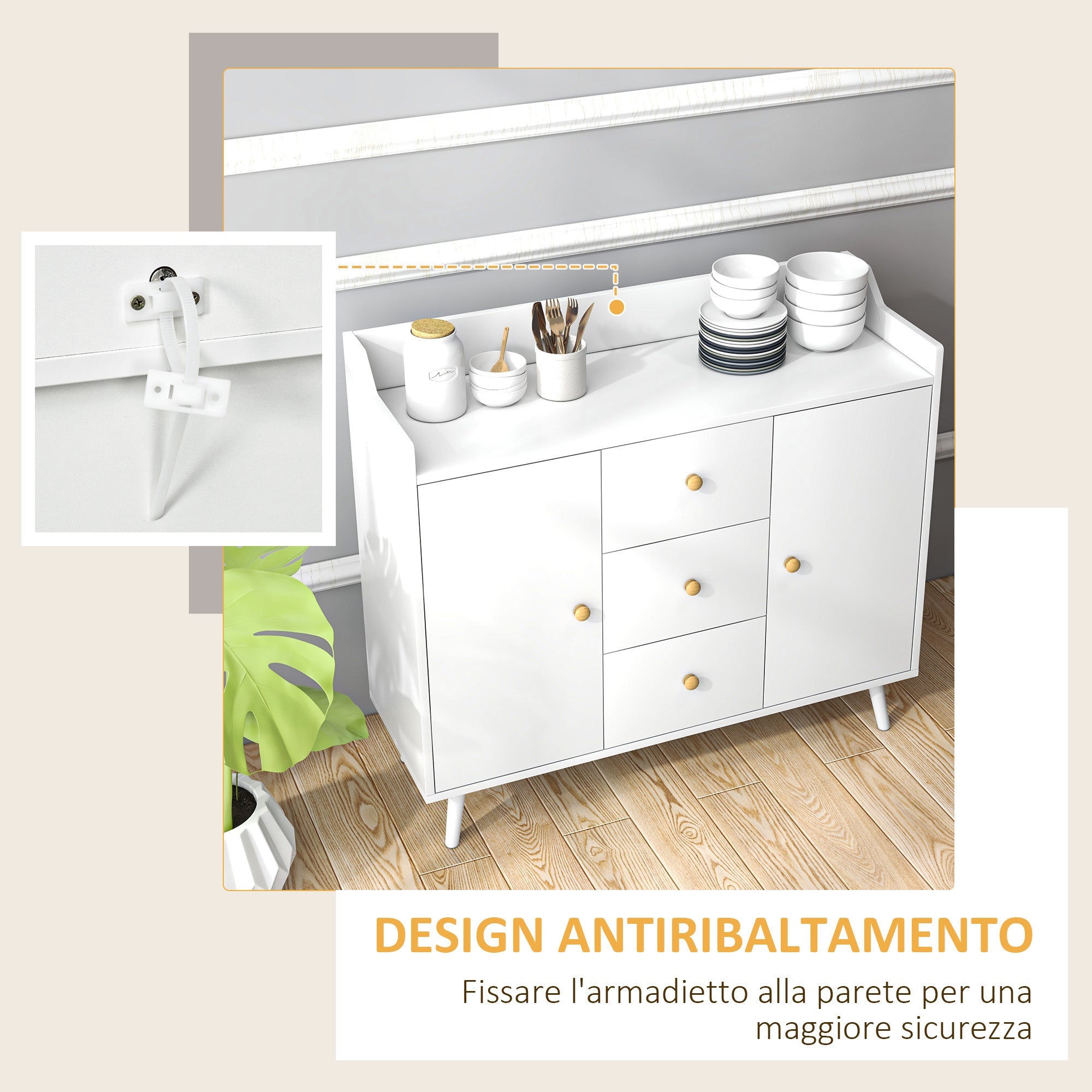 EasyComfort Dressoir modern, 3 lades & 2 deuren, 90x32x80 cm, wit