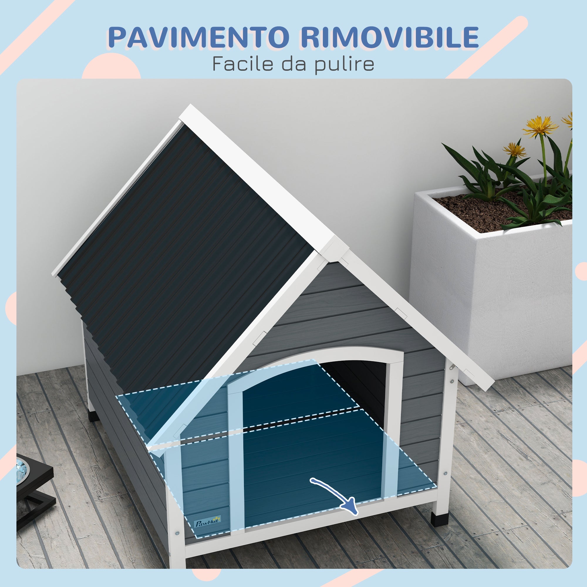 EasyComfort Cuccia per Cani in Legno da Esterno, Casetta per Cani Grandi con Pavimento Rimovibile, 84x99x87cm, Grigio