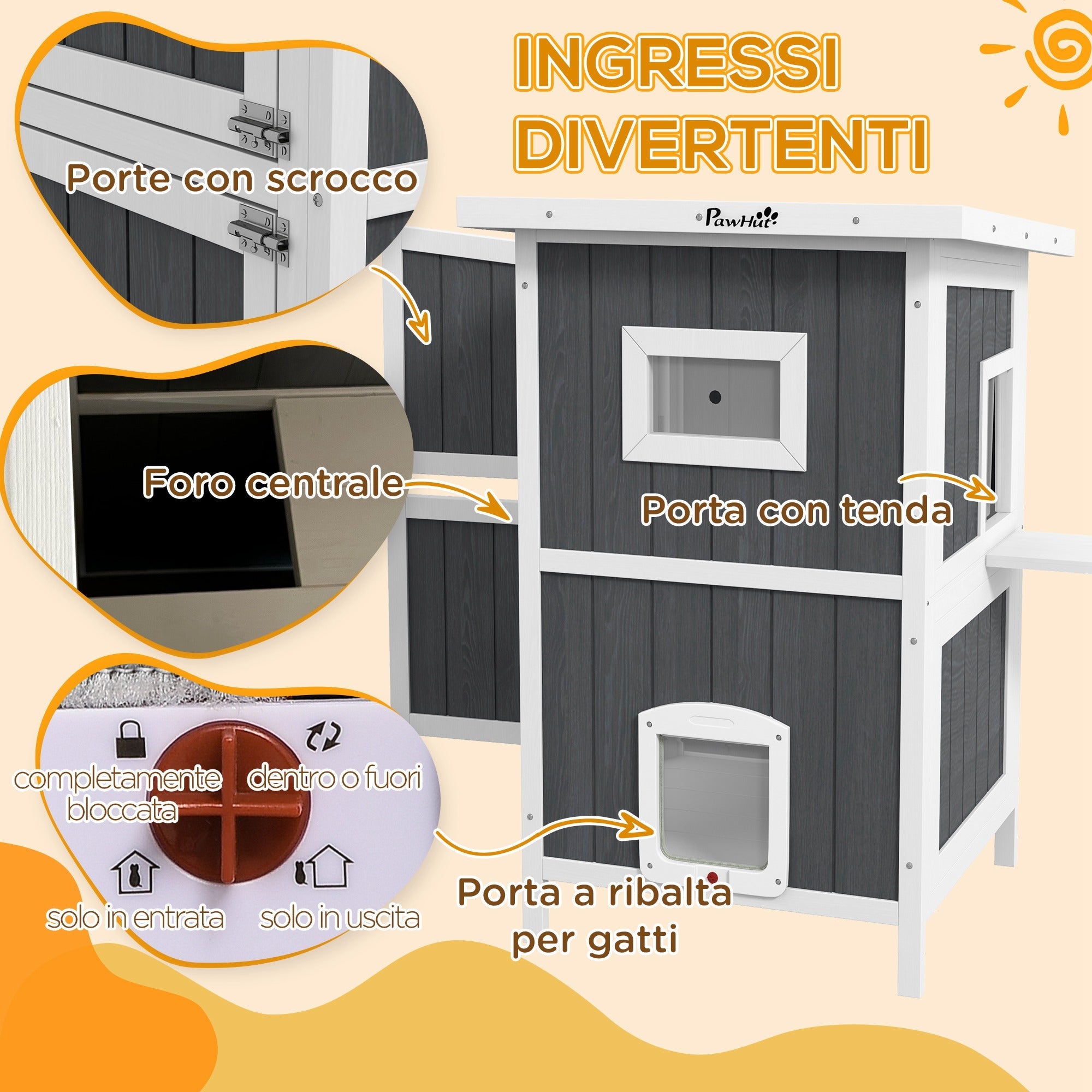 EasyComfort Cuccia per Gatti da Esterno in Legno a 2 Livelli con Tetto in Asfalto e 4 Porte, 60x60x90.5cm, Grigio