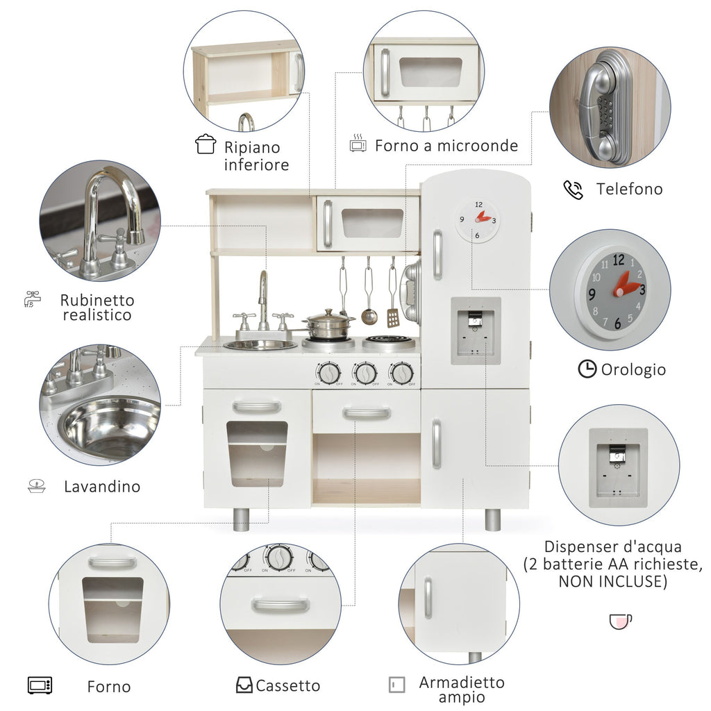 Easycomfort Cucina Giocattolo in Legno per Bambini with Lavandino e Fornelli, Pentole e Utensili in Acciaio, 74x30x81cm, white