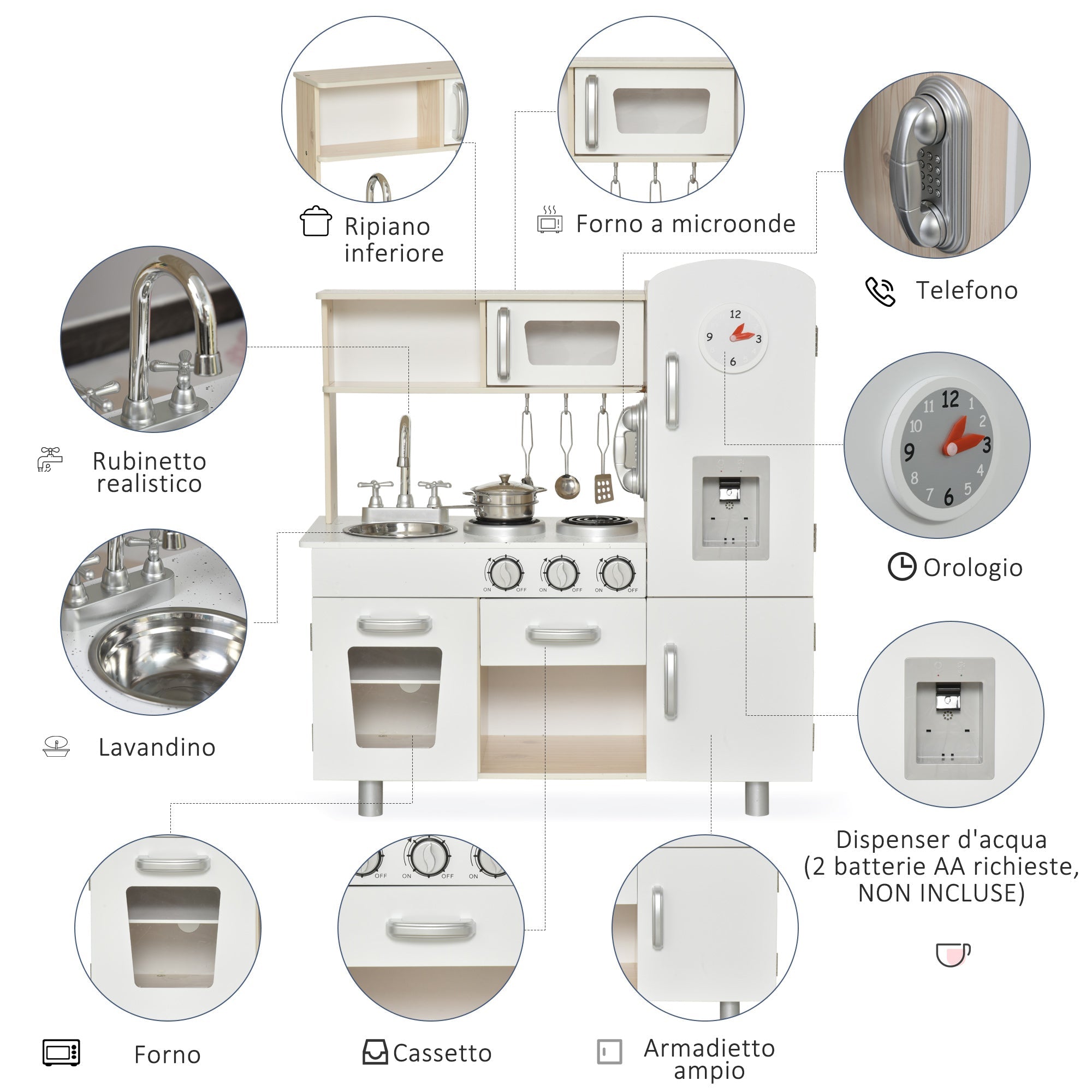 Easycomfort Cucina Giocattolo in Legno per Bambini with Lavandino e Fornelli, Pentole e Utensili in Acciaio, 74x30x81cm, white