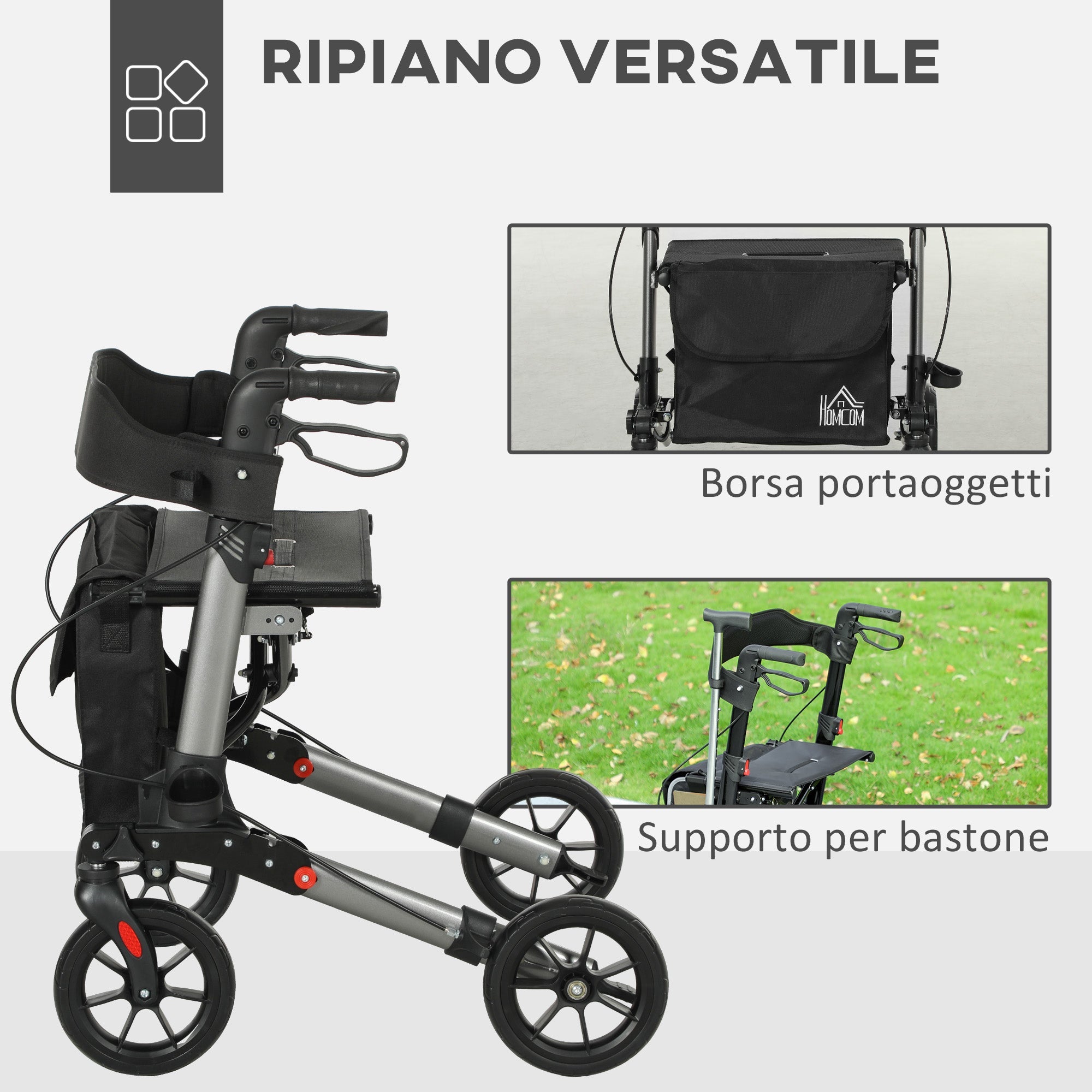 EasyComfort Deambulatore Pieghevole in Allumino ad Altezza Regolabile with Borsa, 64x67x80-92 cm, black e Argento