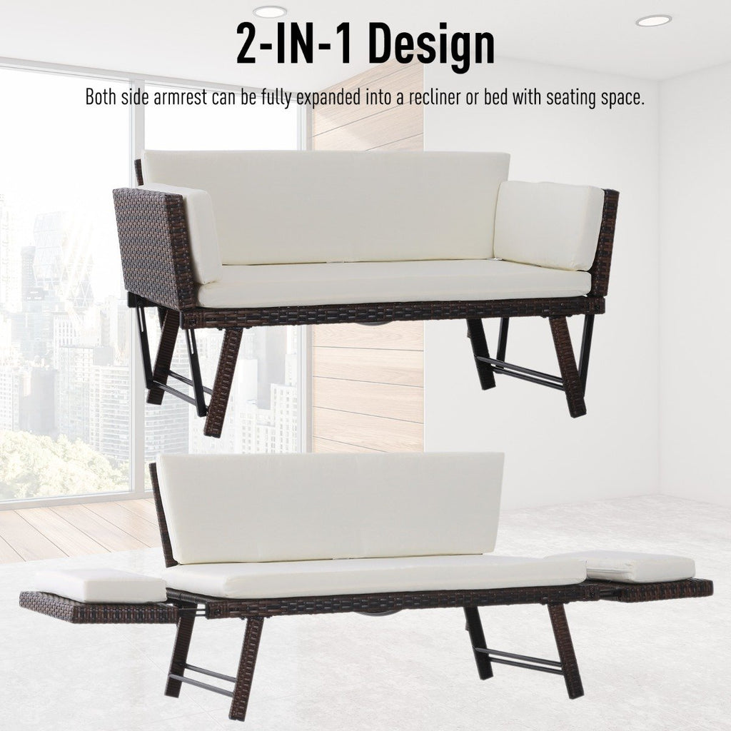 EASYCOMFORT 2 Seater Sofa with Extendable Garden Armrests Rattan 129x63x67cm White, Brown