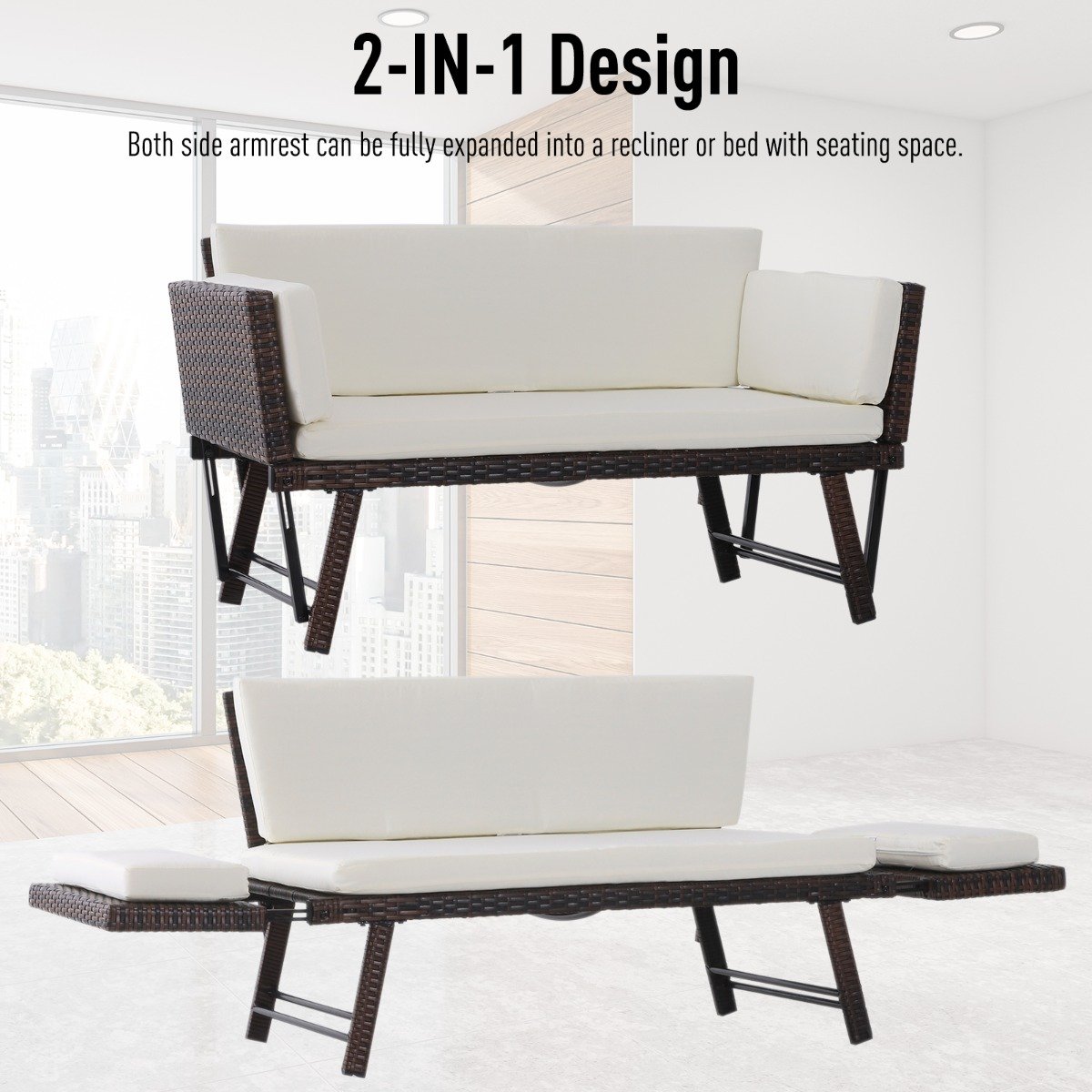 EASYCOMFORT 2 Seater Sofa with Extendable Garden Armrests Rattan 129x63x67cm White, Brown