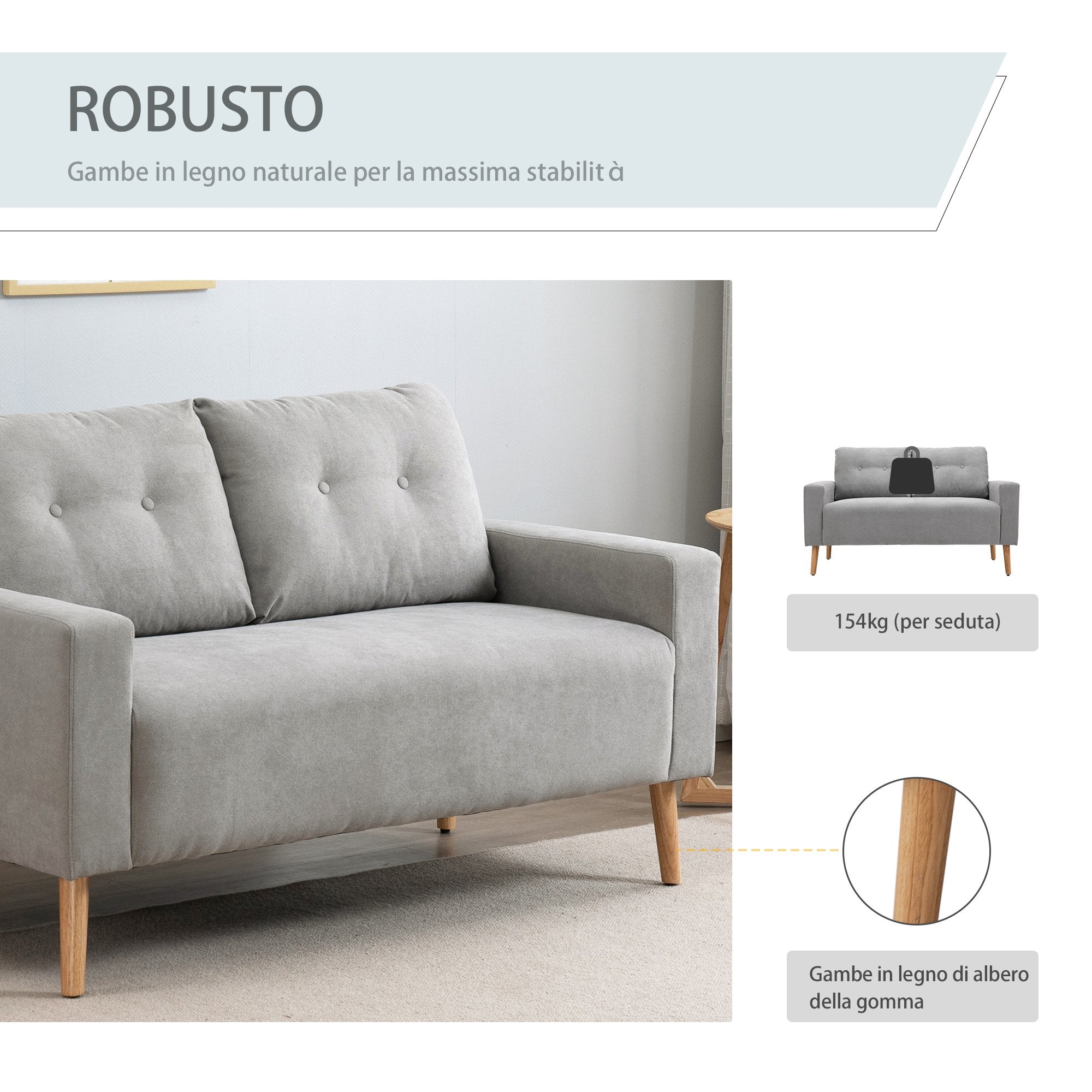 Easycomfort Divano 2 Posti Moderno in Stile Nordico with Schienale Trapuntato, in Poliestere e Legno, 145x76x88 cm, Grigio chiaro