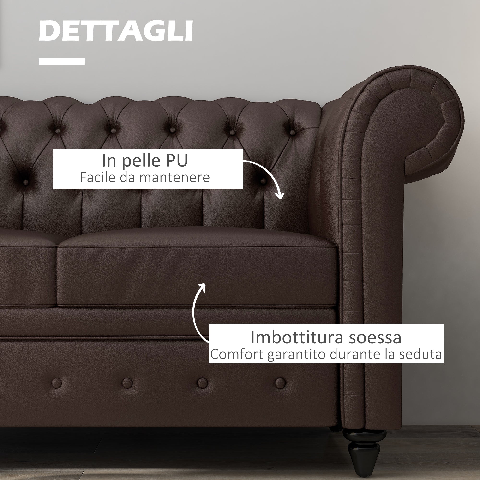 EasyComfort Divano 2 Posti stile Chesterfield with Cuscino Rimovibile, in Ecopelle, Legno e Metallo, 160x84x80 cm, Marrone