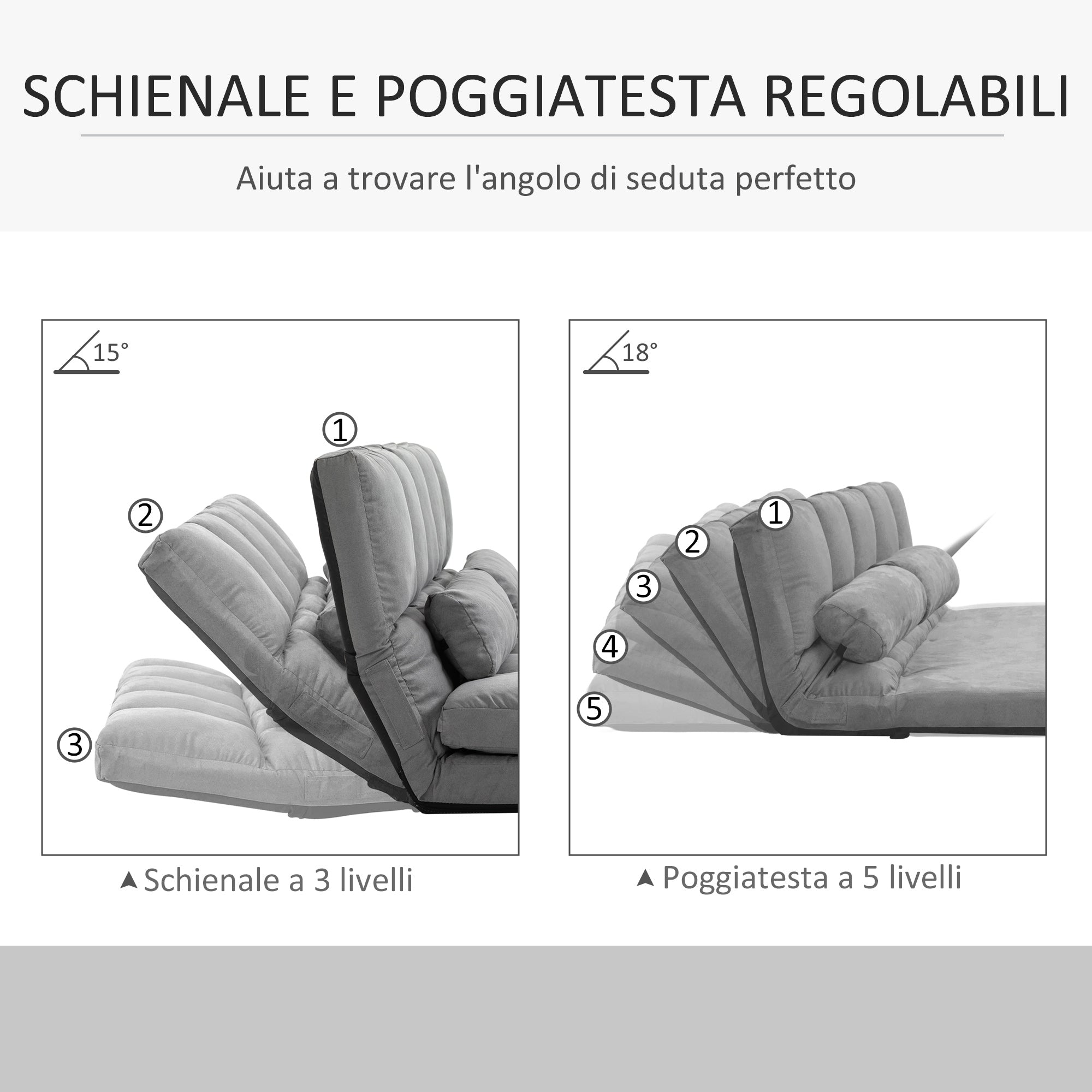 Easycomfort Divano da Terra Pieghevole a Lettino, Schienale Reclinabile su 7 Livelli e Cuscini, Divano Moderno per TV, Giochi, Lettura, Yoga, Ufficio, 130x73x60 cm, Grigio Chiaro