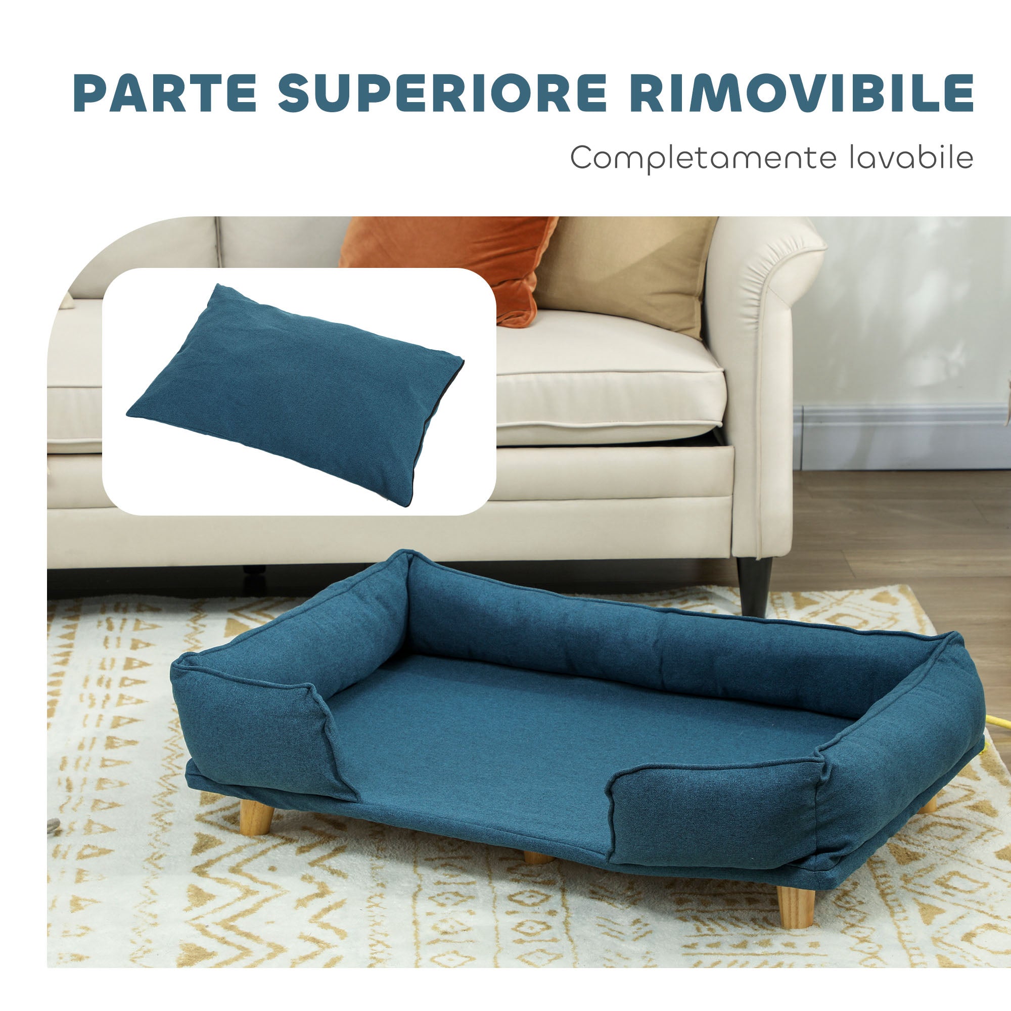 EasyComfort Divano Lettino per Cani Grandi fino 30 kg da Interno con Cuscino Rimovibile, 96x66x24 cm, Blu