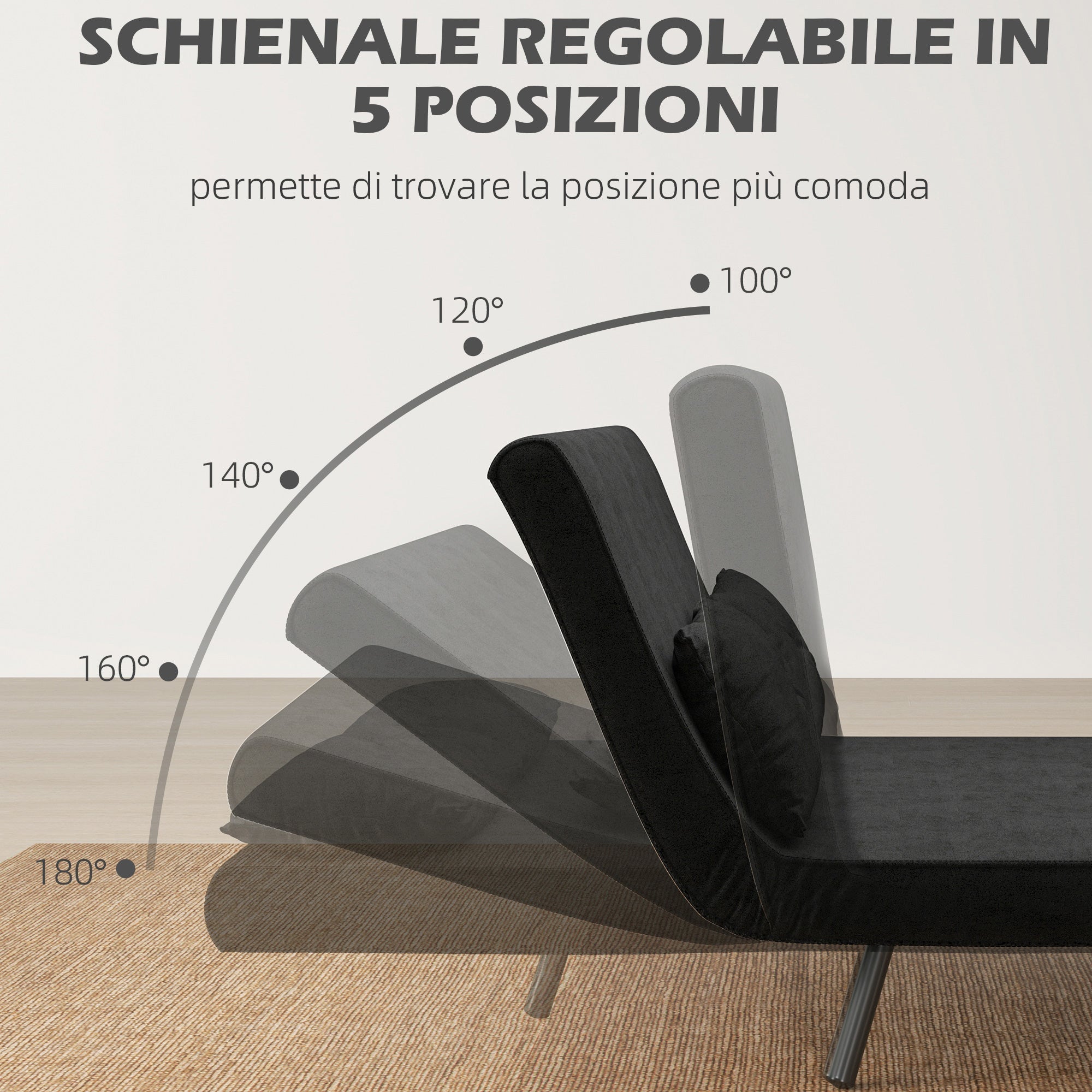 EasyComfort Divano Letto 3 in 1 in Tessuto Effetto Velluto with Schienale Regolabile e 2 Cuscini, 102x73x81 cm, black