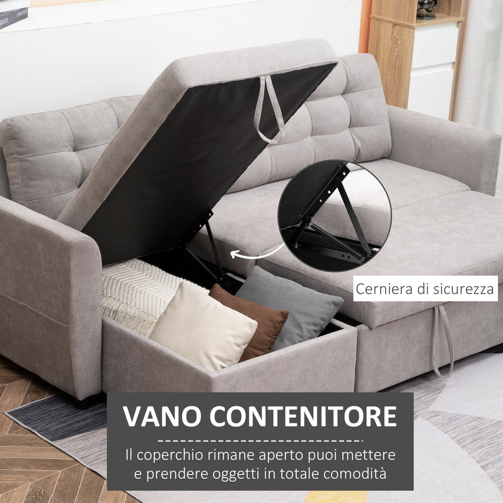 Easycomfort Divano Letto 3 Posti with Chaise Longue Contenitore in Tessuto, 217x134x85cm, Grigio
