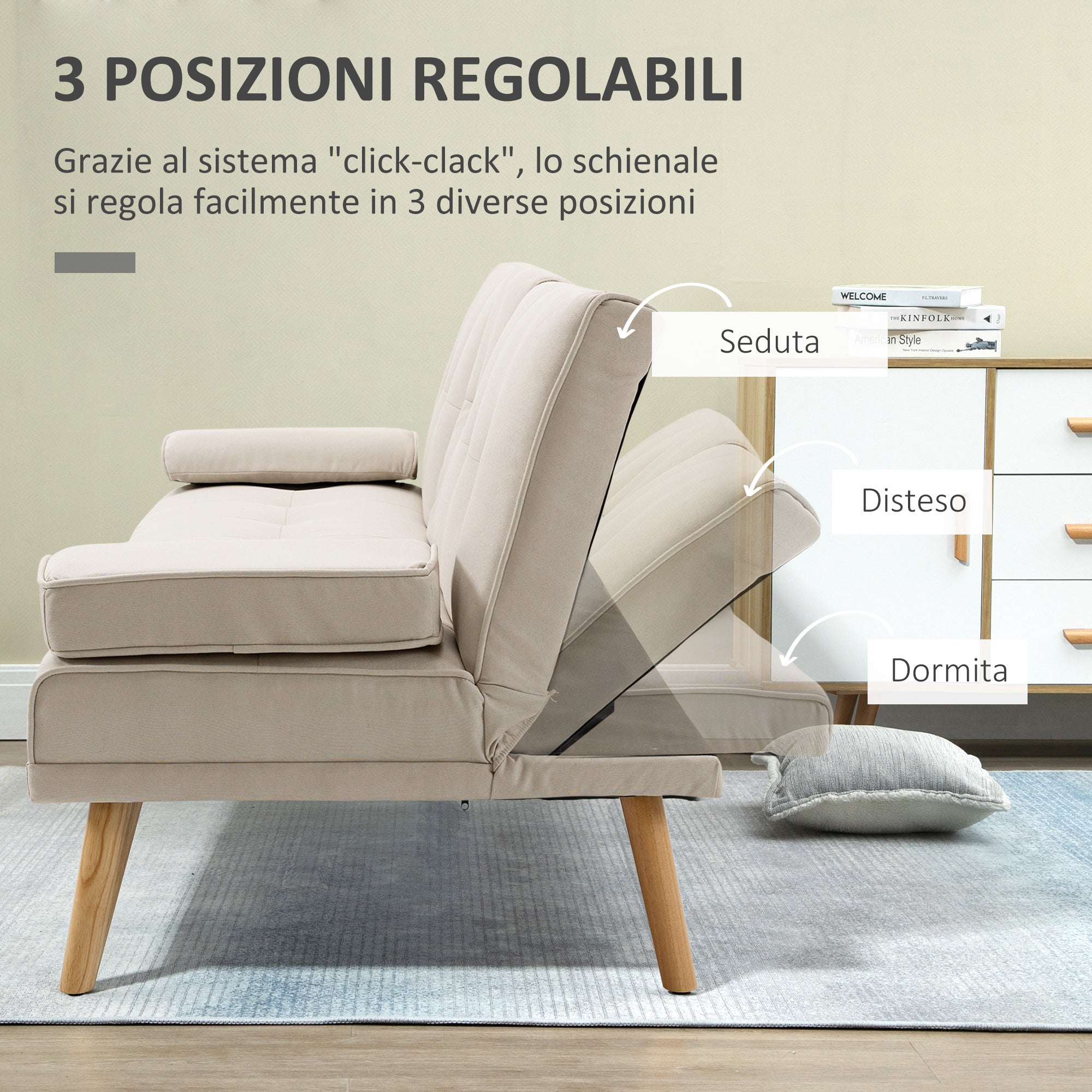 Easycomfort Divano Letto 3 Posti Reclinabile with Rivestimento Effetto Lino e Tavolino a Ribalta, Beige
