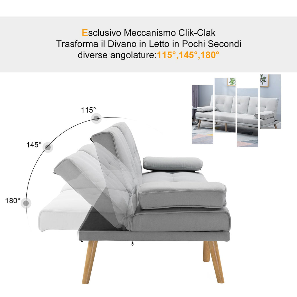 Easycomfort Divano Letto 3 Posti Stile Scandinavo Reclinabile with Tavolino a Ribalta, 181x77x88 cm, Grigio