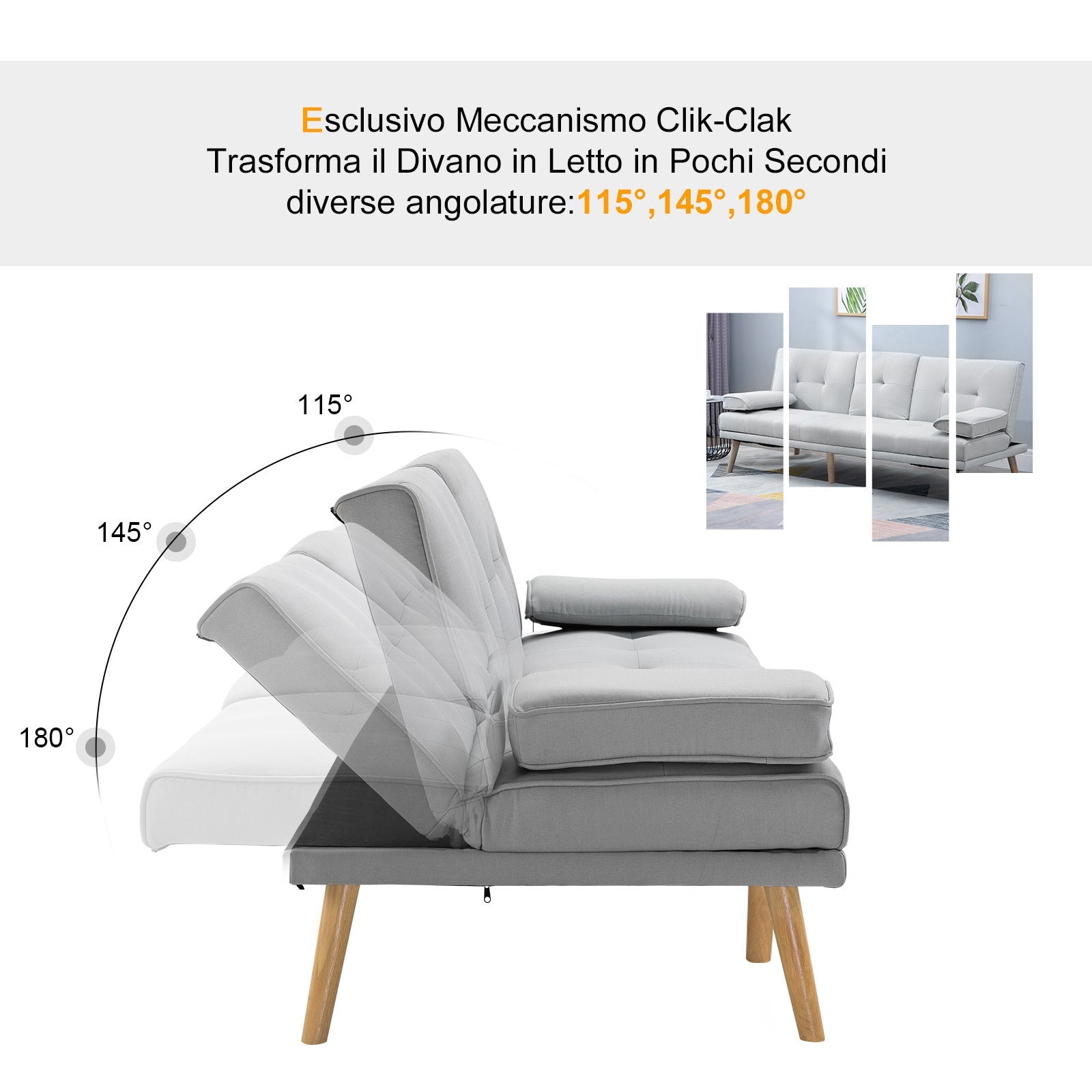 Easycomfort Divano Letto 3 Posti Stile Scandinavo Reclinabile with Tavolino a Ribalta, 181x77x88 cm, Grigio