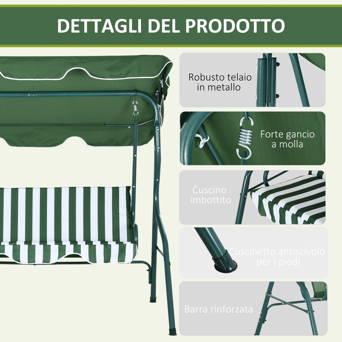 EasyComfort Dondolo 3-persoons tuinschommel 170x110x153 cm groen/wit