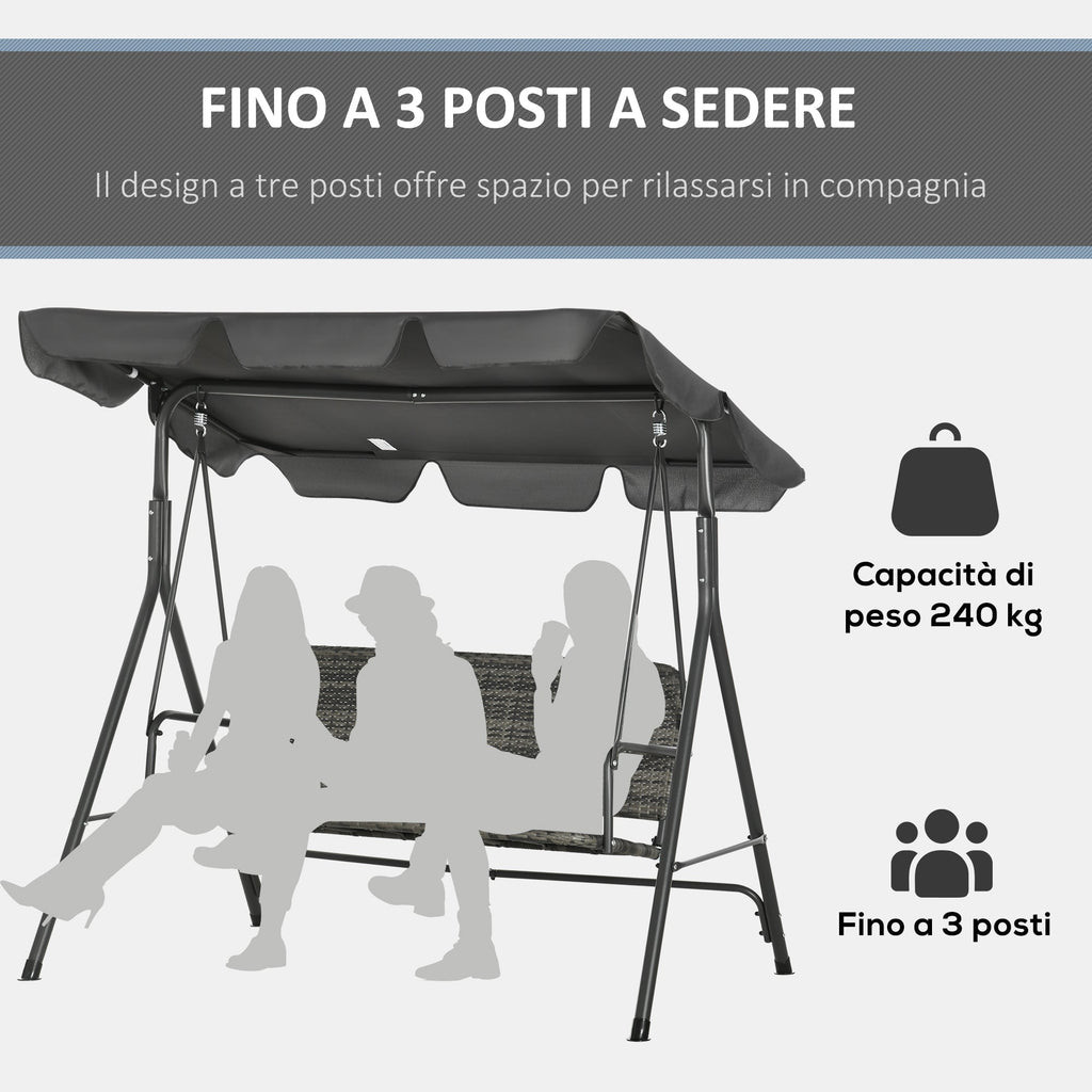 EasyComfort Dondolo da Giardino 3 Posti con Tettuccio Regolabile in Rattan PE, 167x112x153cm, Grigio Scuro