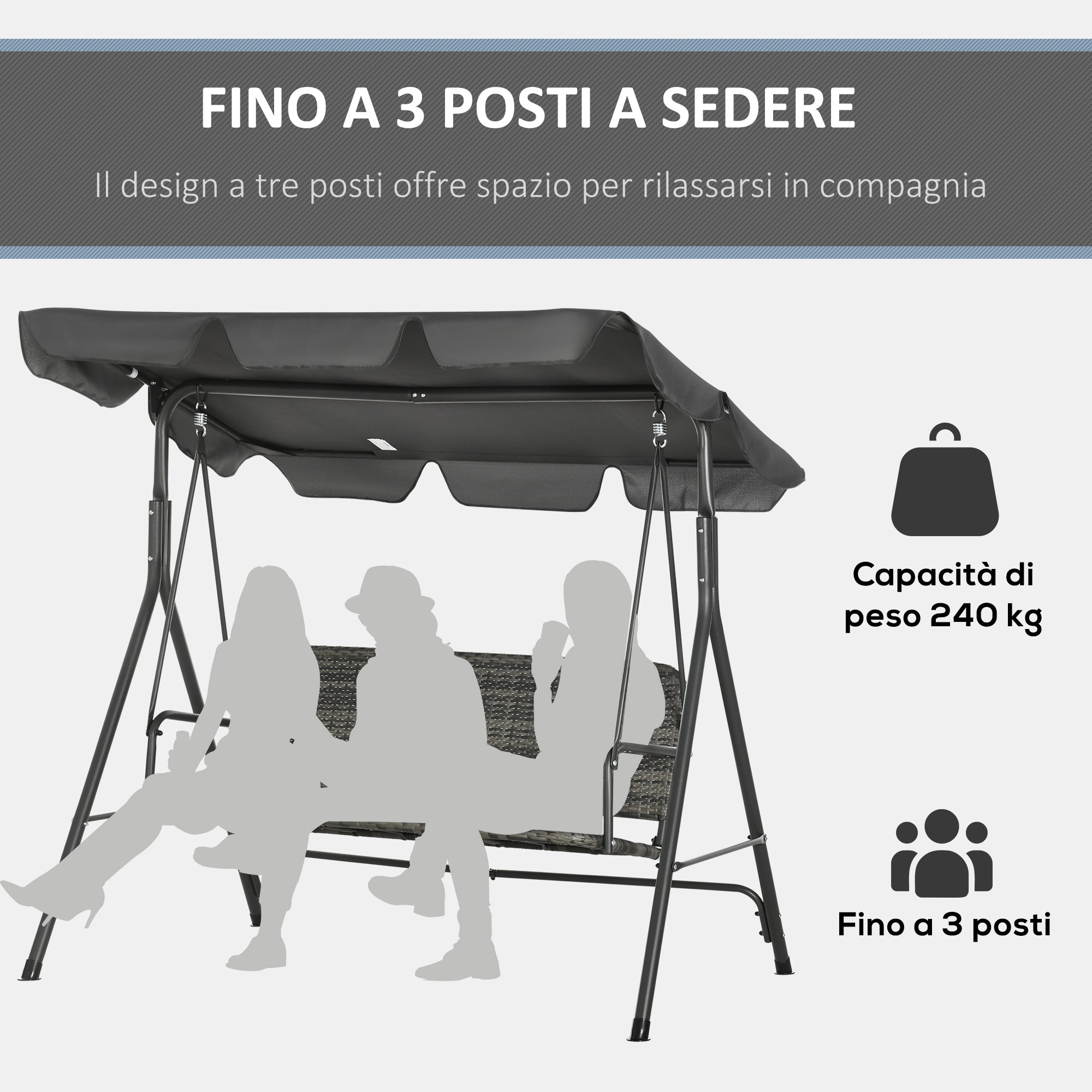 EasyComfort Dondolo da Giardino 3 Posti con Tettuccio Regolabile in Rattan PE, 167x112x153cm, Grigio Scuro