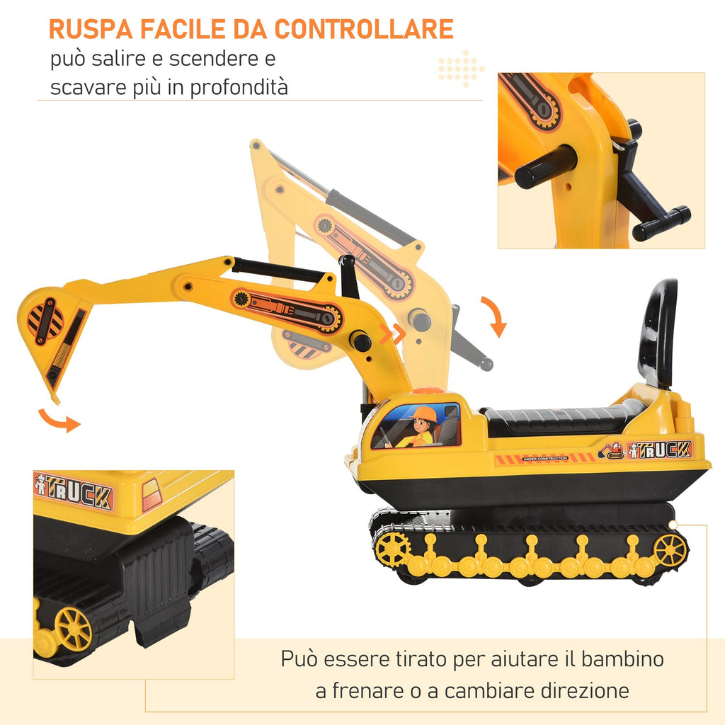 Easycomfort Escavatore Ruspa Giocattolo Cavalcabile per Bambini max. 30 kg with Schienale, Braccio Mobile e Vano Contenitore, 78x24x58.5cm