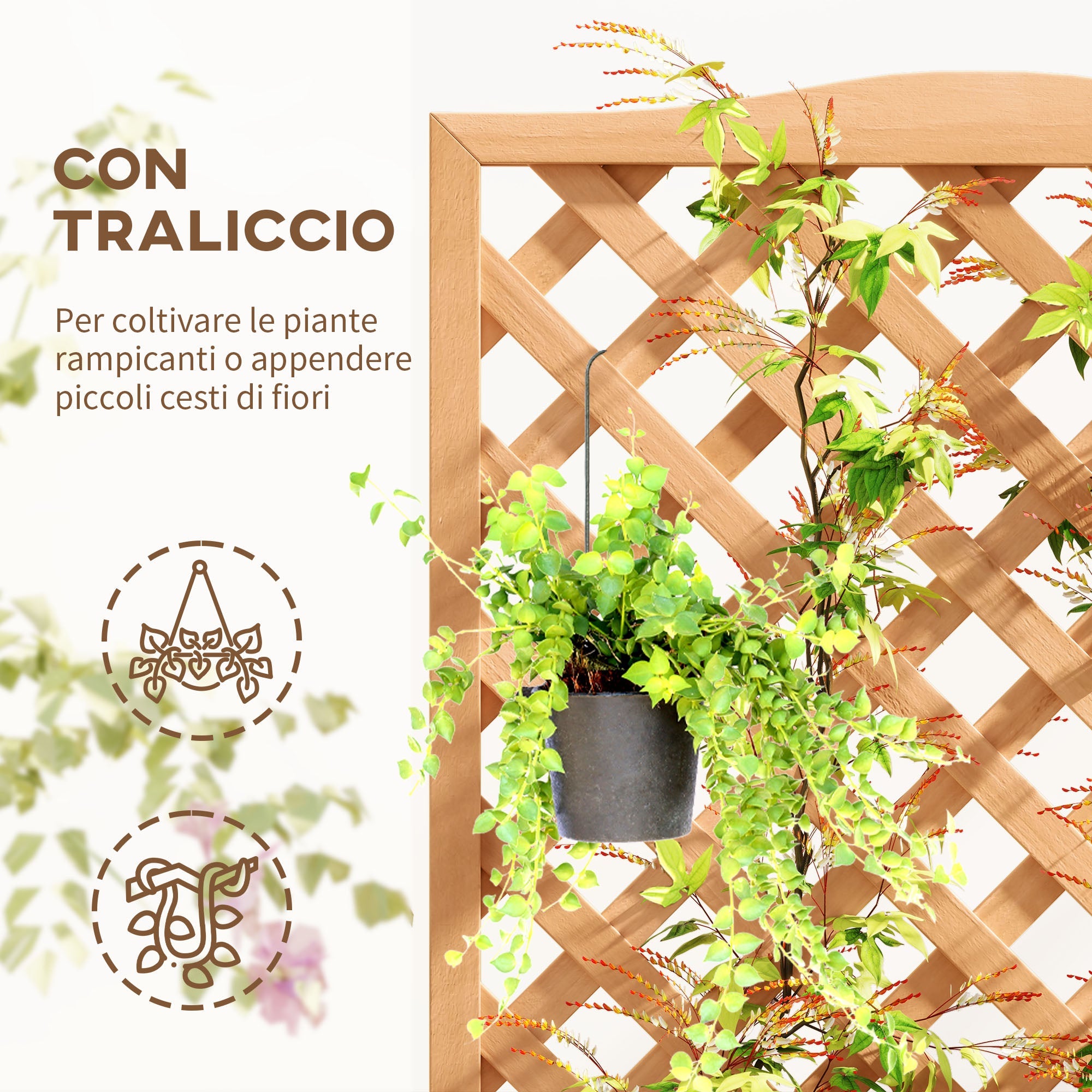 EasyComfort Fioriera with Traliccio per Rampicanti e Fondo Ampio, in Legno di Abete, 76x36x170 cm, Marrone