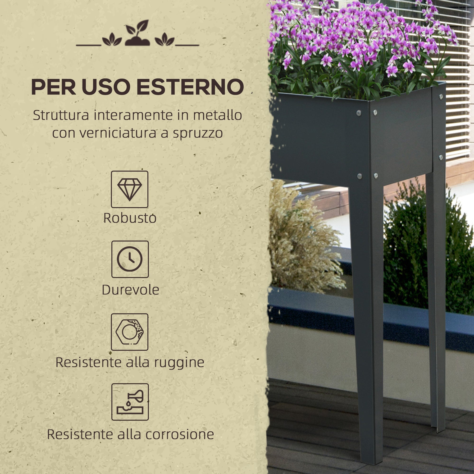 Easycomfort Fioriera da Esterno Rialzata in Metallo with 3 Fori di Drenaggio, 100x30x80 cm, Grigio