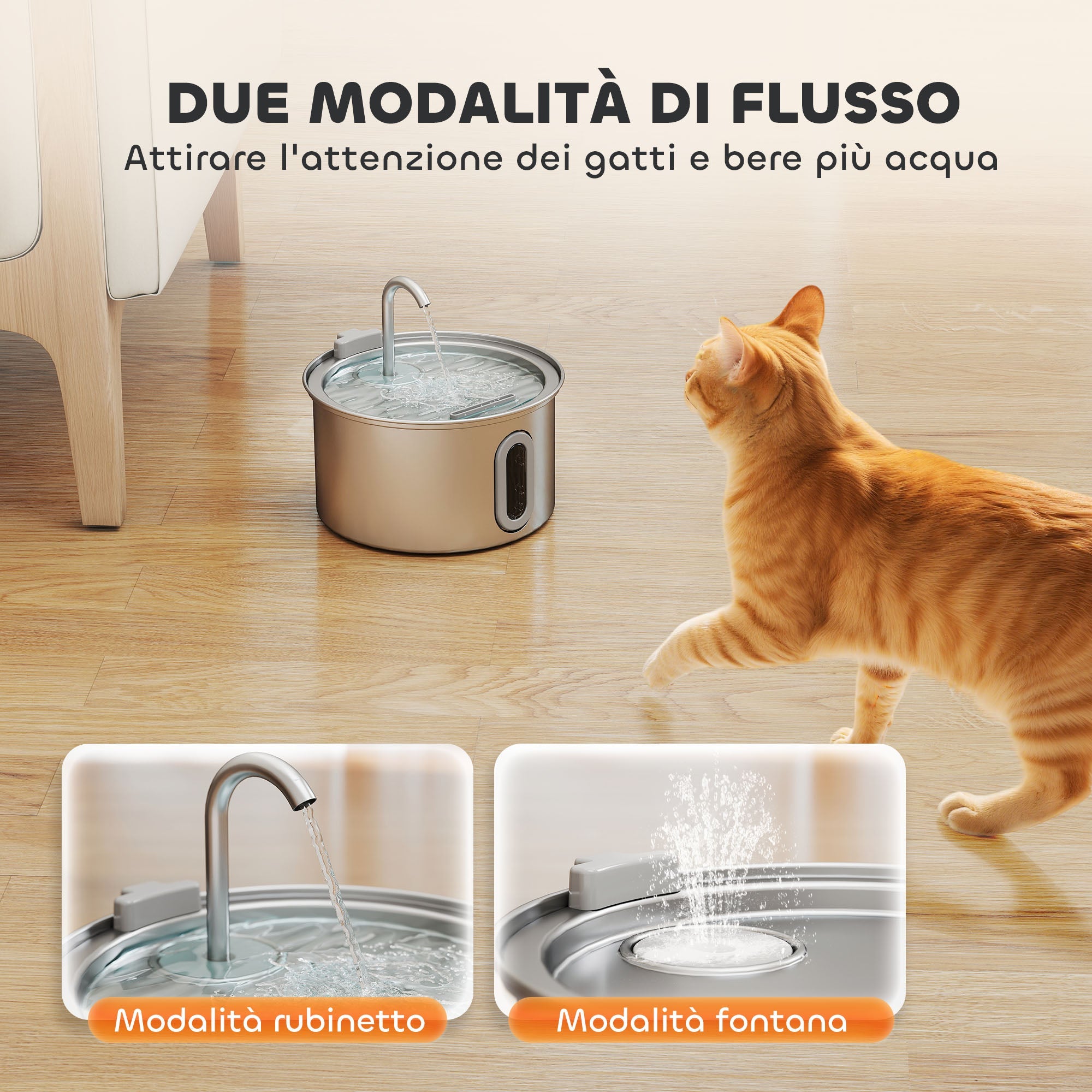 EasyComfort Fontanella per Gatto 2.5L con Luce LED e 2 Modalità di Flusso, in Acciaio Inox, 19.4x19.4x18.7 cm, Argento