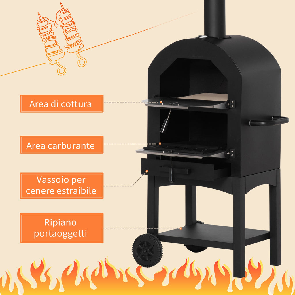 EasyComfort Forno per Pizza e Barbecue a Carbone Portatile in Acciaio con Camino e Ruote, 63x54x161 cm, Nero