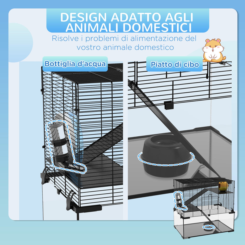 EasyComfort Gabbia per Criceti a 3 Livelli con Ruota, Rampe e Fondo Rimovibile, 60x40x57cm, Nero
