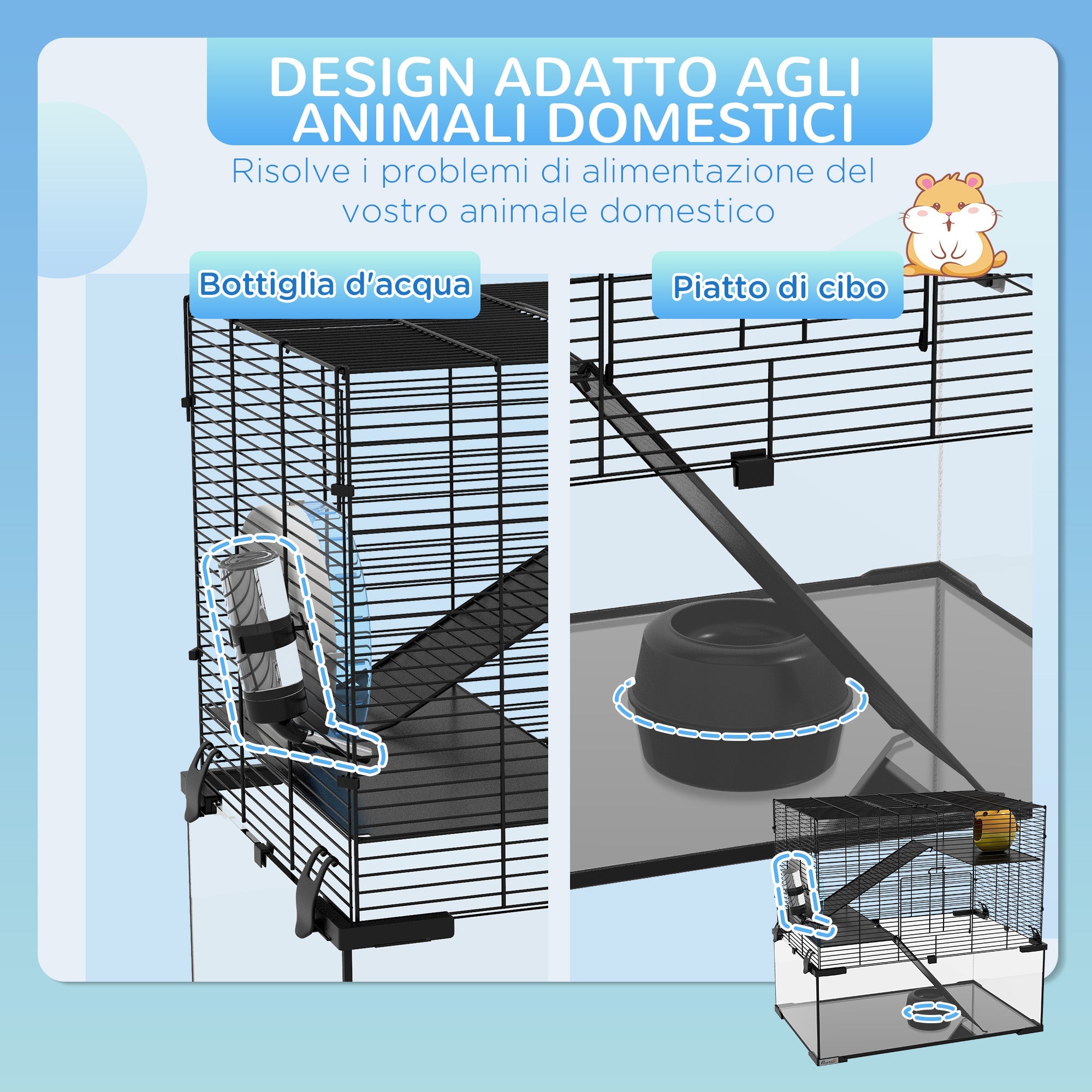 EasyComfort Gabbia per Criceti a 3 Livelli con Ruota, Rampe e Fondo Rimovibile, 60x40x57cm, Nero