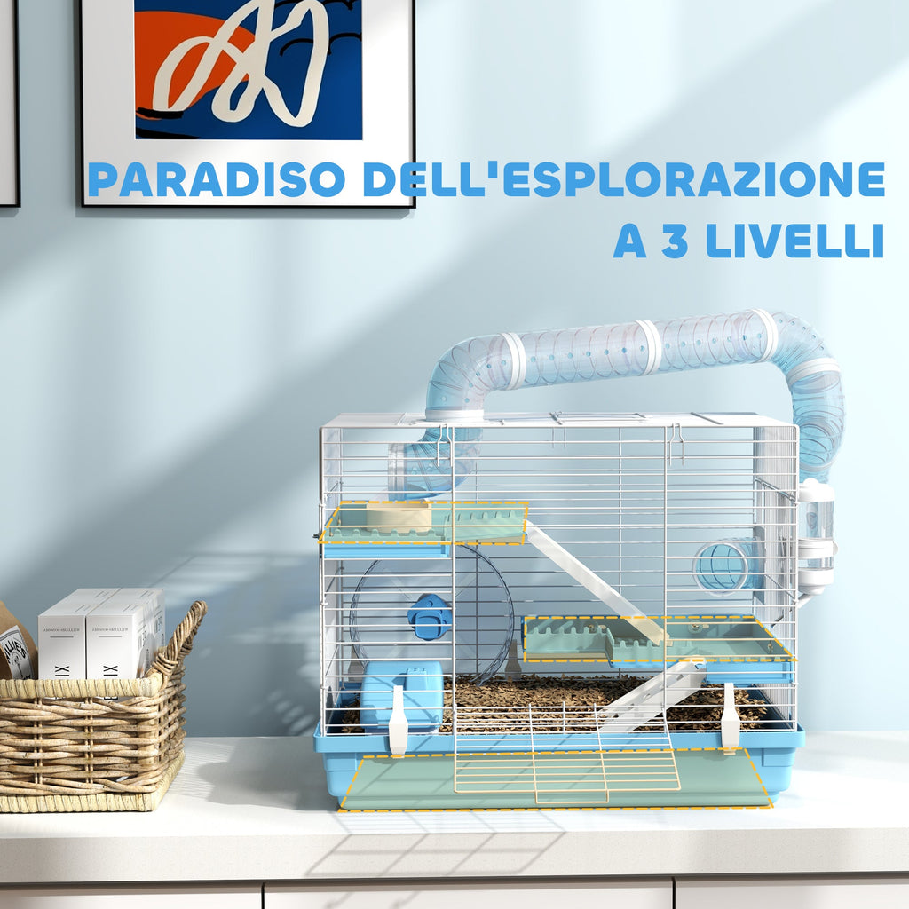 EasyComfort 3‑laags hamsterkooi met accessoires, blauw
