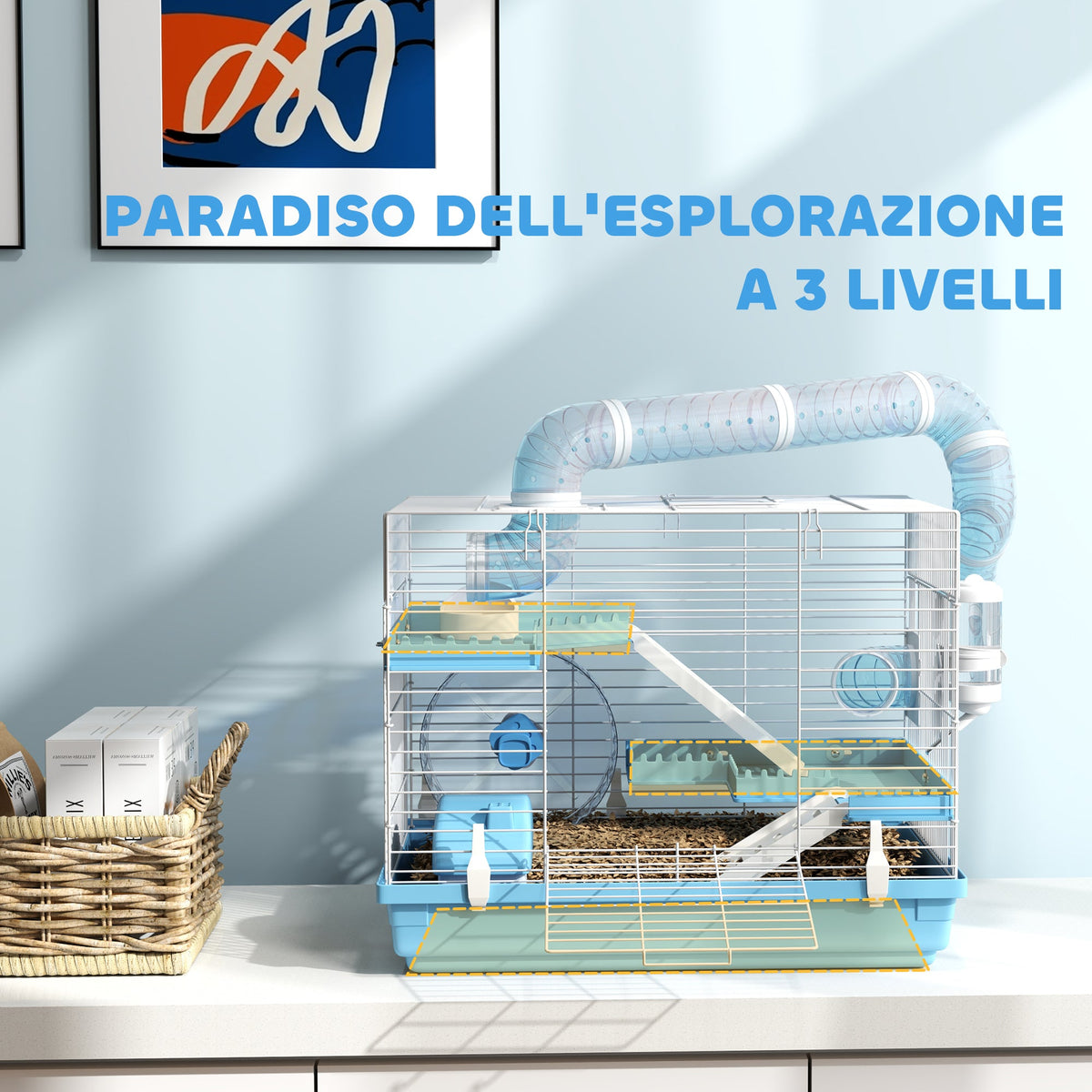 EasyComfort 3‑laags hamsterkooi met accessoires, blauw