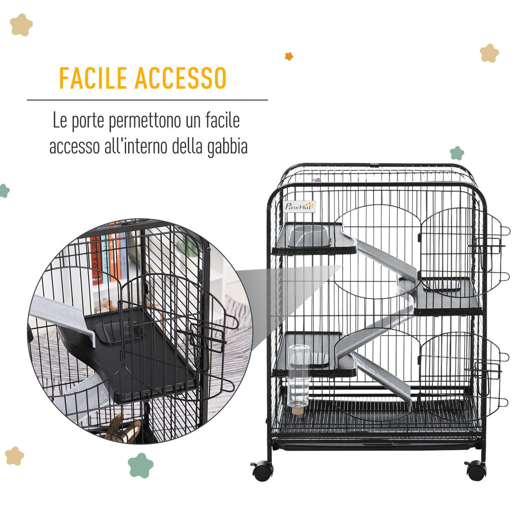 EASYCOMFORT Cage for Rodents with Wheels, Bowl and Bottle, 64x43.5x93cm, Black