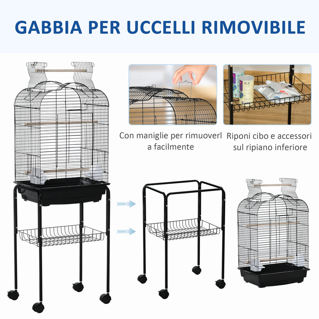 EasyComfort Gabbia per Uccelli with 3 Posatoi, 2 Ciotole e 2 Porte Laterali, in Acciaio, PP e Legno, 46x36x130 cm, Nera