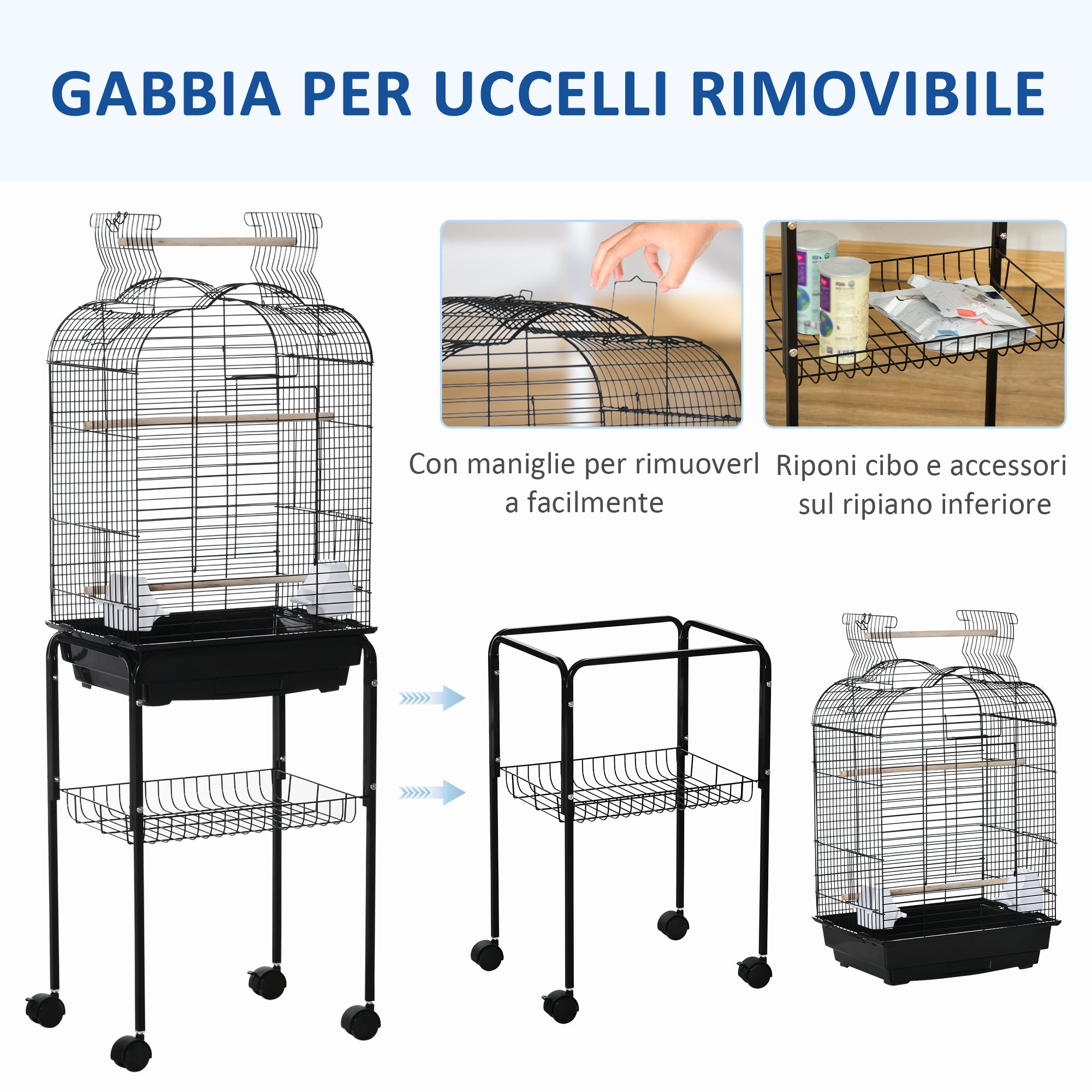 EasyComfort Gabbia per Uccelli with 3 Posatoi, 2 Ciotole e 2 Porte Laterali, in Acciaio, PP e Legno, 46x36x130 cm, Nera