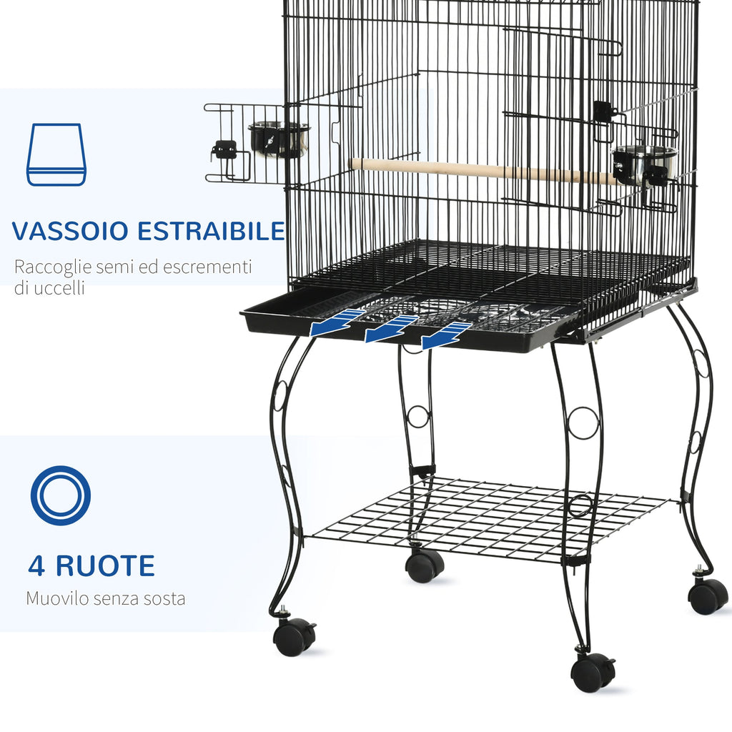 EASYCOMFORT Indoor Bird Cage in Steel and Wood with Tray, 4 Wheels and Perch, 50x49x137cm
